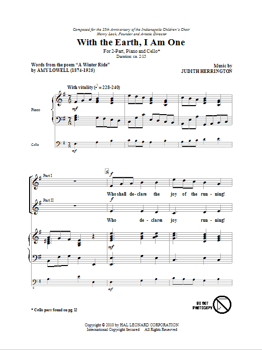 Judith Herrington With The Earth, I Am One Sheet Music Notes & Chords for 2-Part Choir - Download or Print PDF