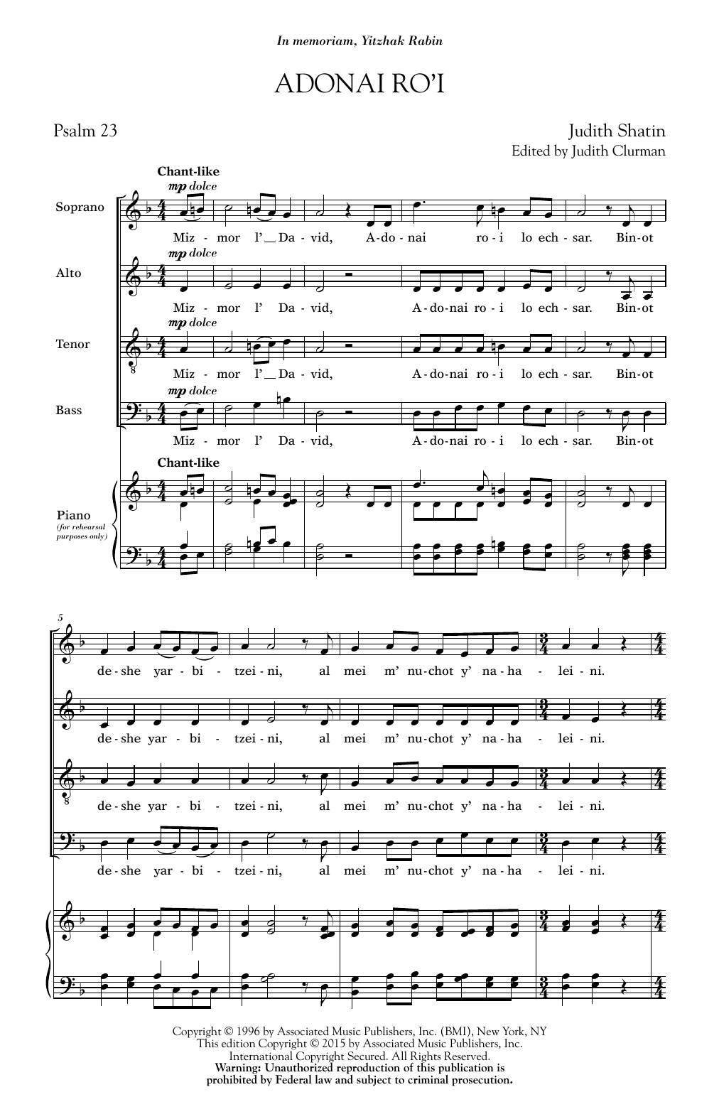 Judith Shatin Adonai Ro'i Sheet Music Notes & Chords for SATB - Download or Print PDF