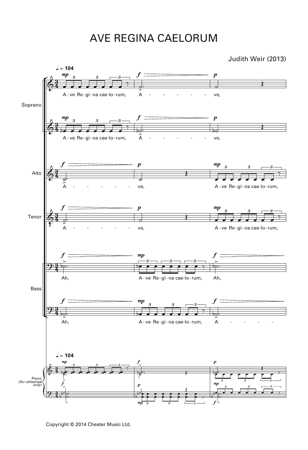 Judith Weir Ave Regina Caelorum Sheet Music Notes & Chords for Piano, Vocal & Guitar - Download or Print PDF