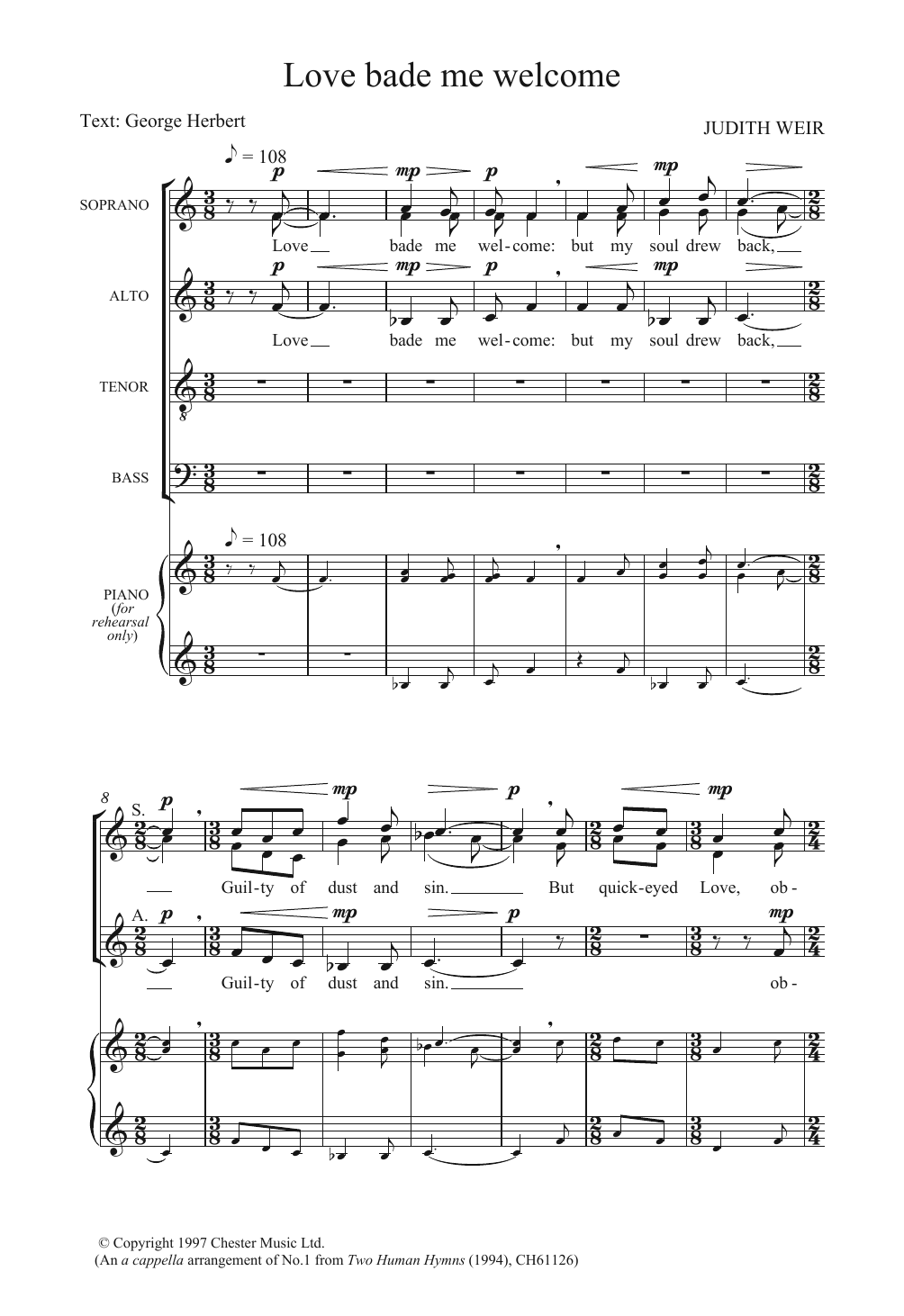 Judith Weir Love Bade Me Welcome Sheet Music Notes & Chords for Piano, Vocal & Guitar (Right-Hand Melody) - Download or Print PDF
