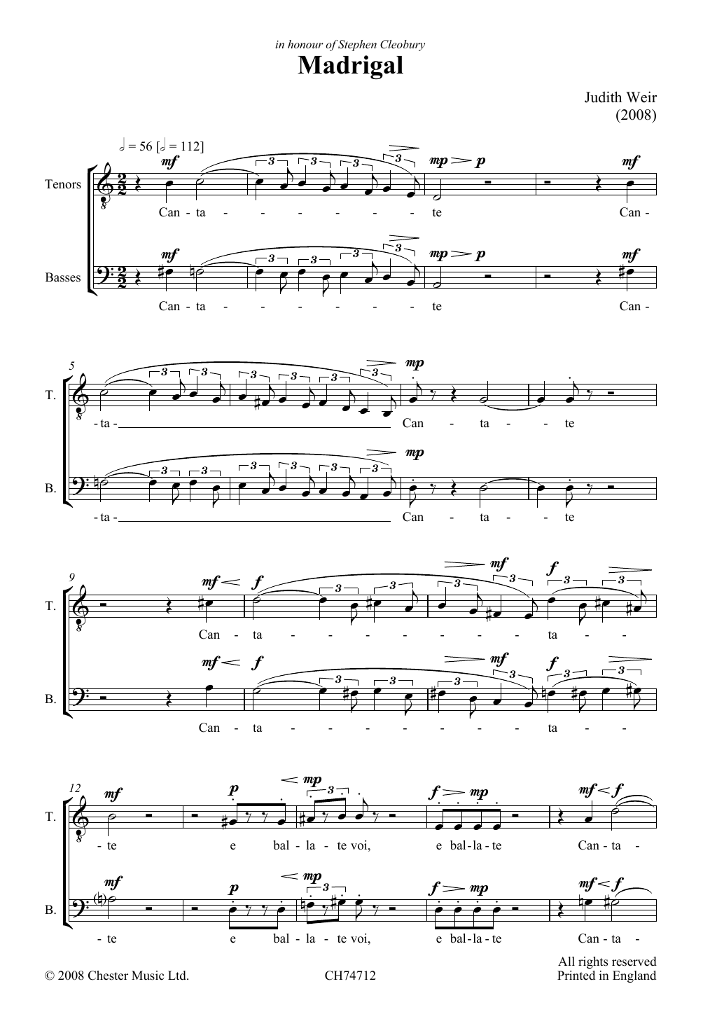 Judith Weir Madrigal Sheet Music Notes & Chords for Piano, Vocal & Guitar - Download or Print PDF