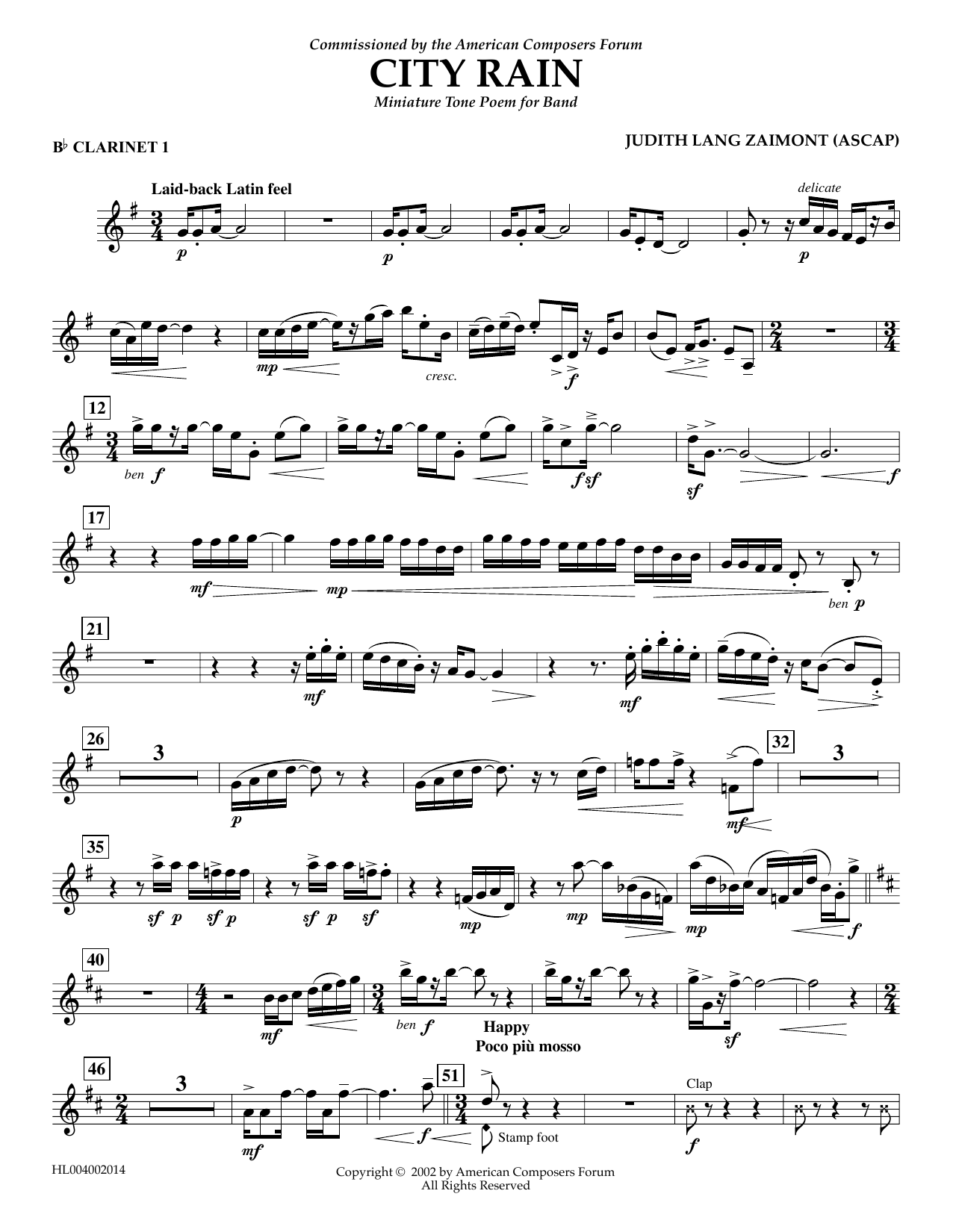Judith Zaimont City Rain - Bb Clarinet 1 Sheet Music Notes & Chords for Concert Band - Download or Print PDF