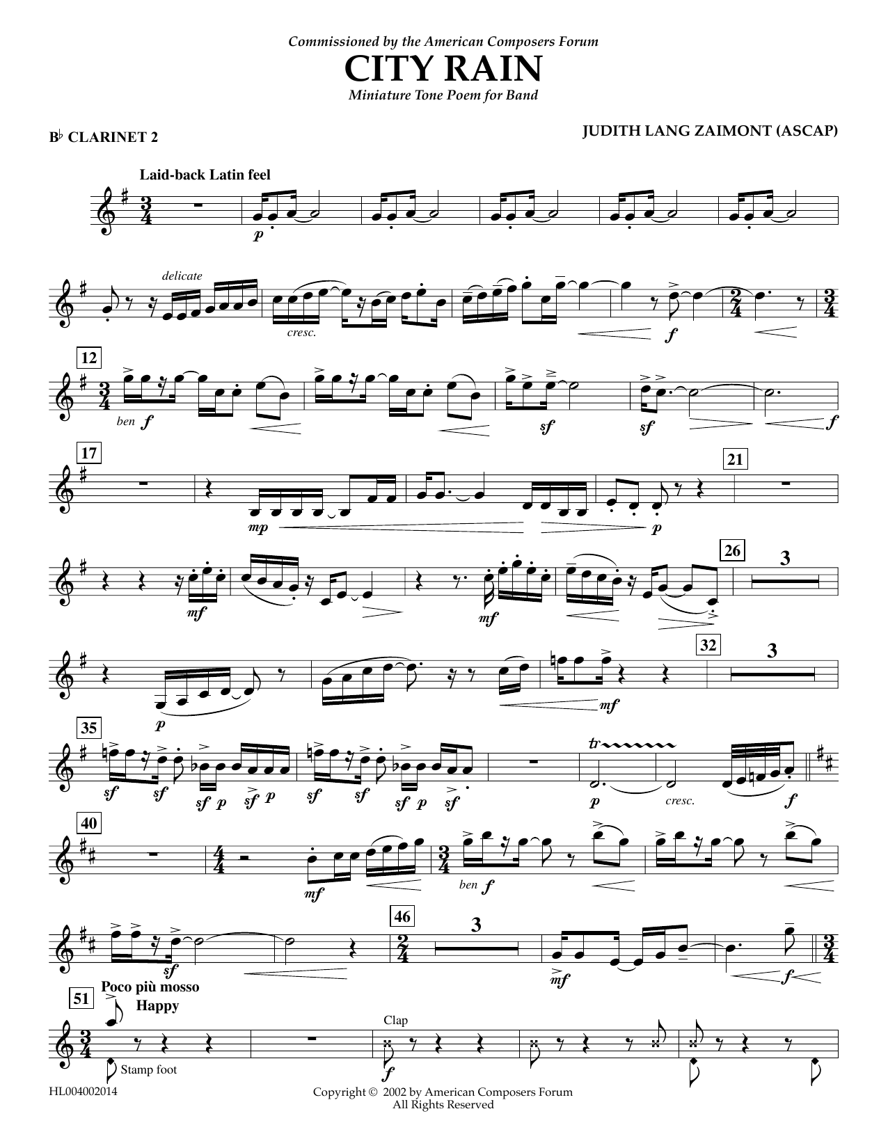 Judith Zaimont City Rain - Bb Clarinet 2 Sheet Music Notes & Chords for Concert Band - Download or Print PDF