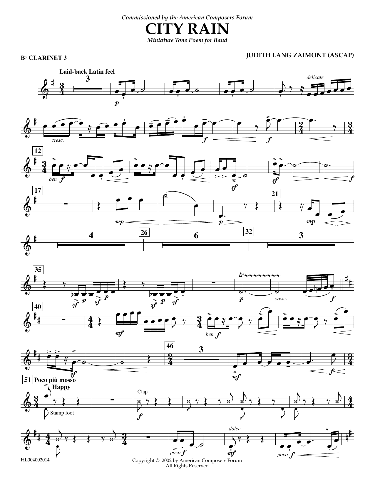 Judith Zaimont City Rain - Bb Clarinet 3 Sheet Music Notes & Chords for Concert Band - Download or Print PDF