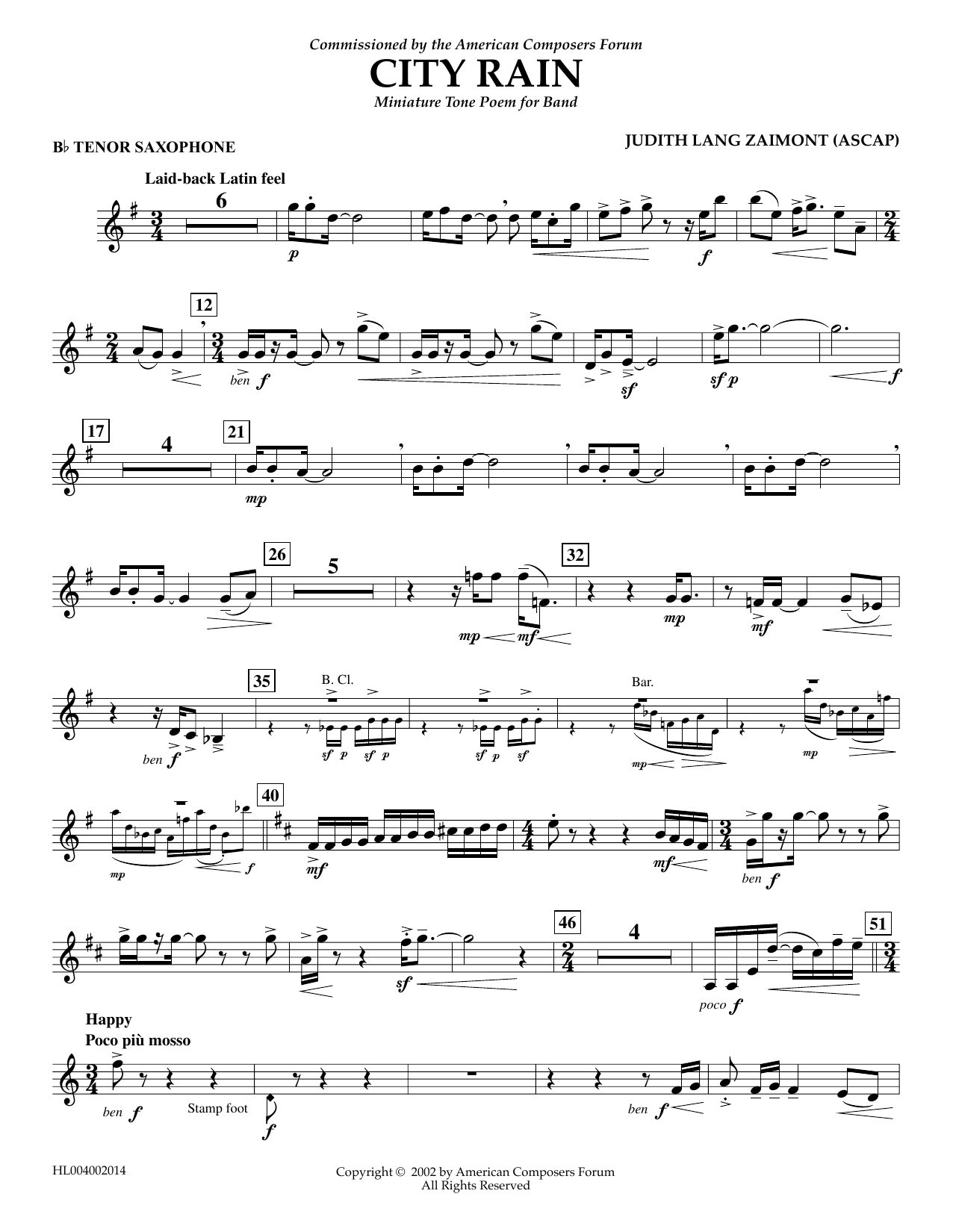 Judith Zaimont City Rain - Bb Tenor Saxophone Sheet Music Notes & Chords for Concert Band - Download or Print PDF
