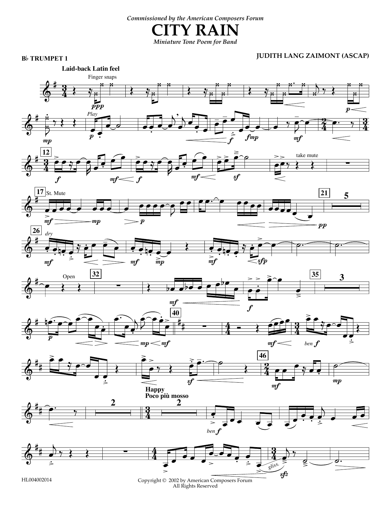 Judith Zaimont City Rain - Bb Trumpet 1 Sheet Music Notes & Chords for Concert Band - Download or Print PDF