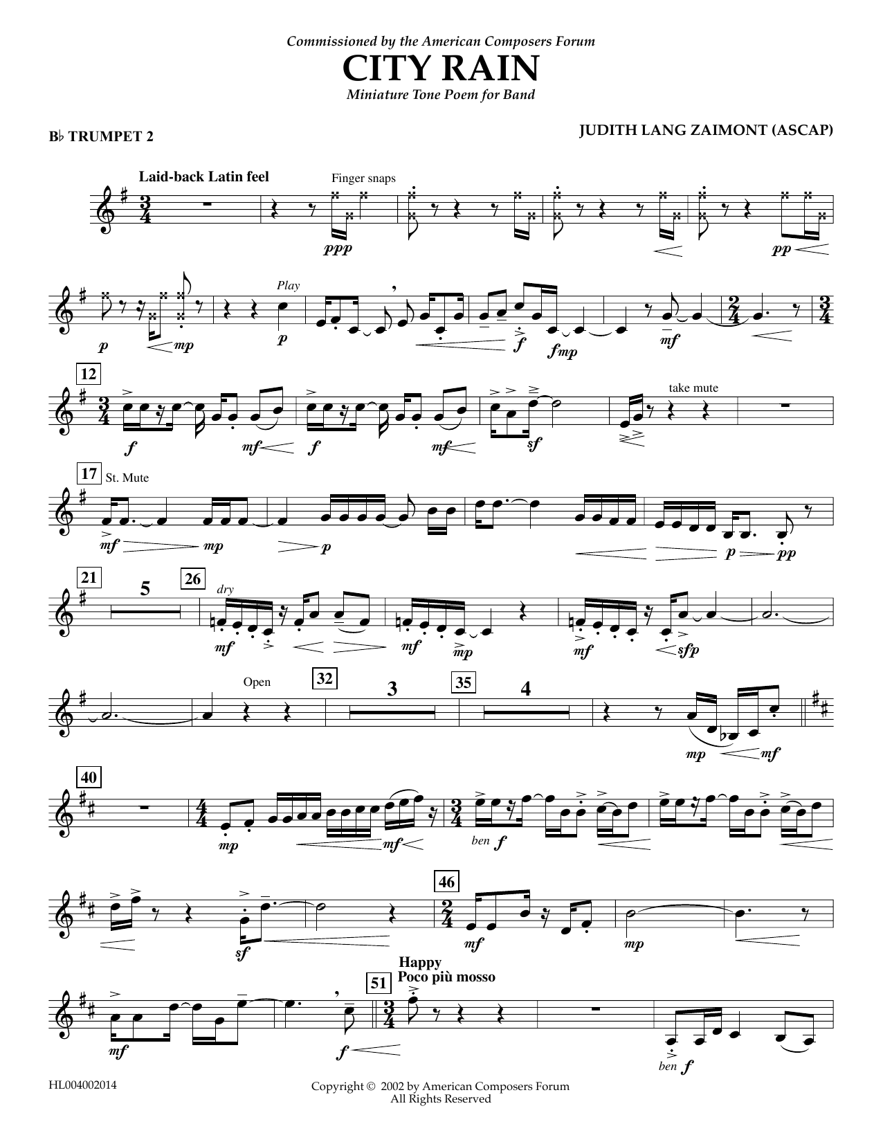 Judith Zaimont City Rain - Bb Trumpet 2 Sheet Music Notes & Chords for Concert Band - Download or Print PDF