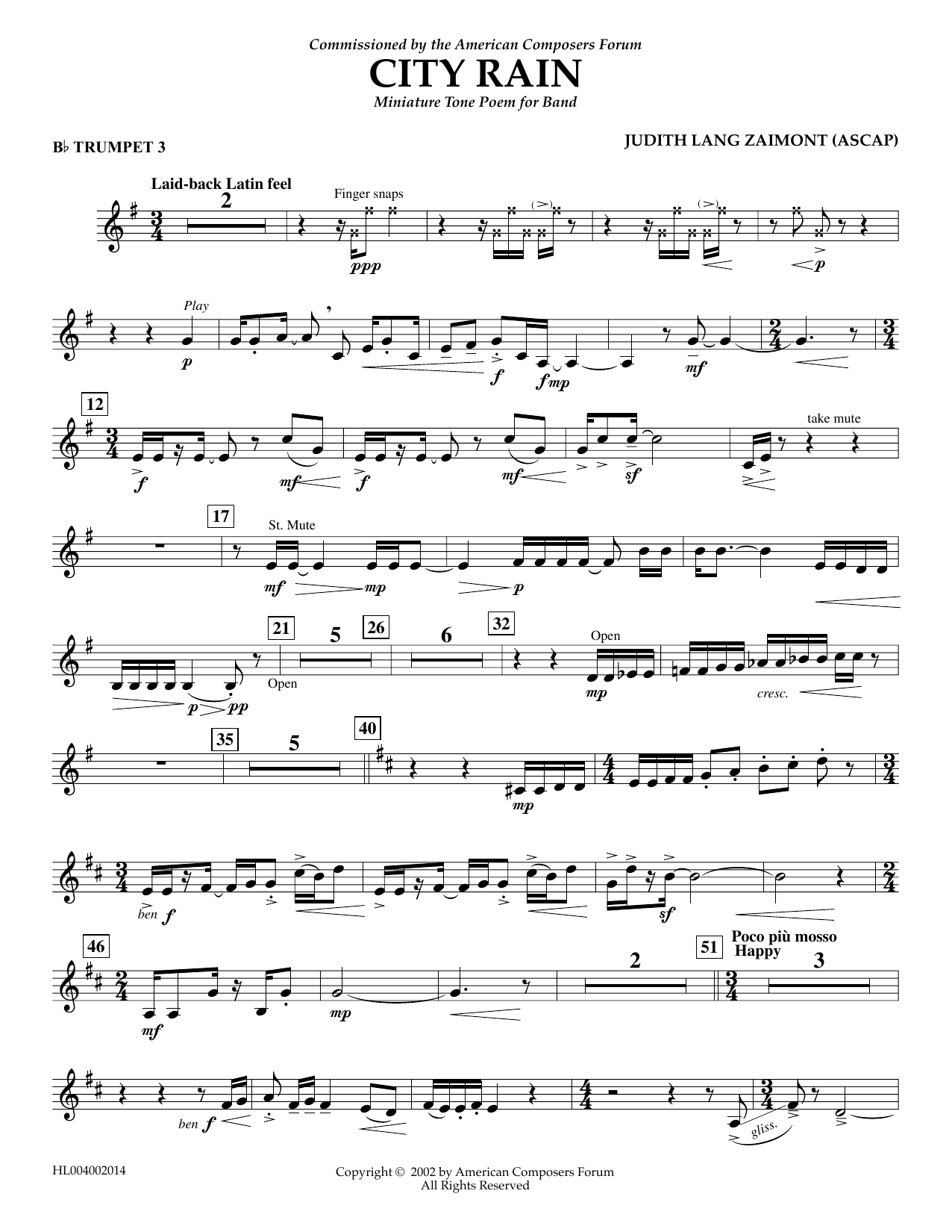Judith Zaimont City Rain - Bb Trumpet 3 Sheet Music Notes & Chords for Concert Band - Download or Print PDF