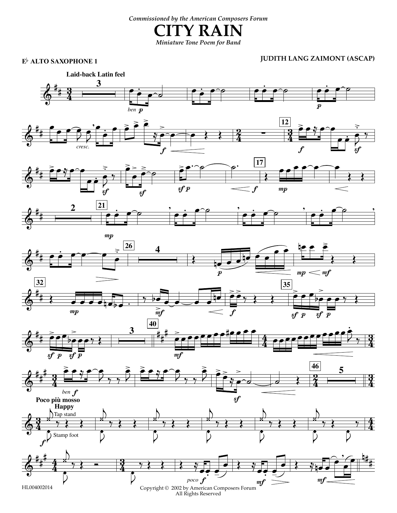 Judith Zaimont City Rain - Eb Alto Saxophone 1 Sheet Music Notes & Chords for Concert Band - Download or Print PDF