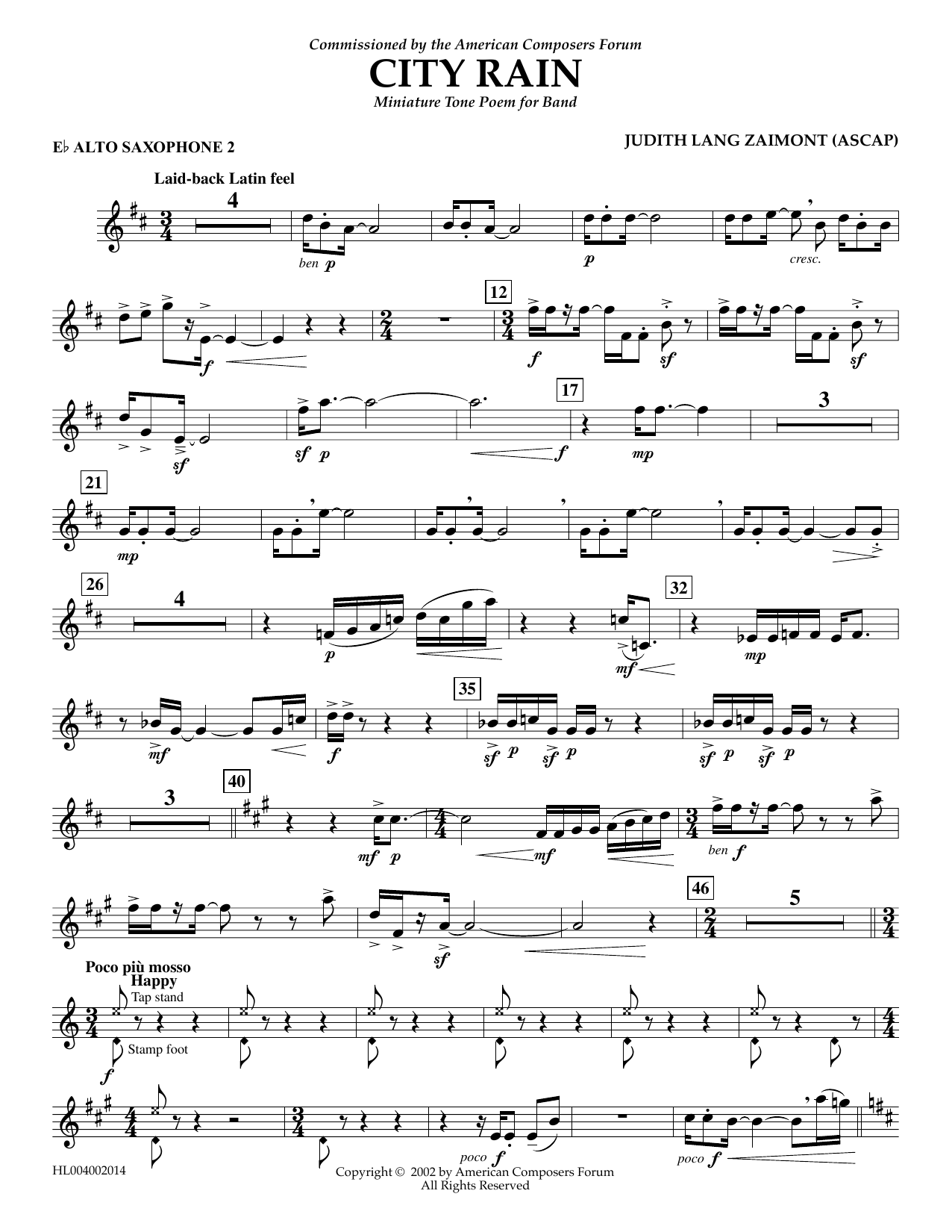 Judith Zaimont City Rain - Eb Alto Saxophone 2 Sheet Music Notes & Chords for Concert Band - Download or Print PDF