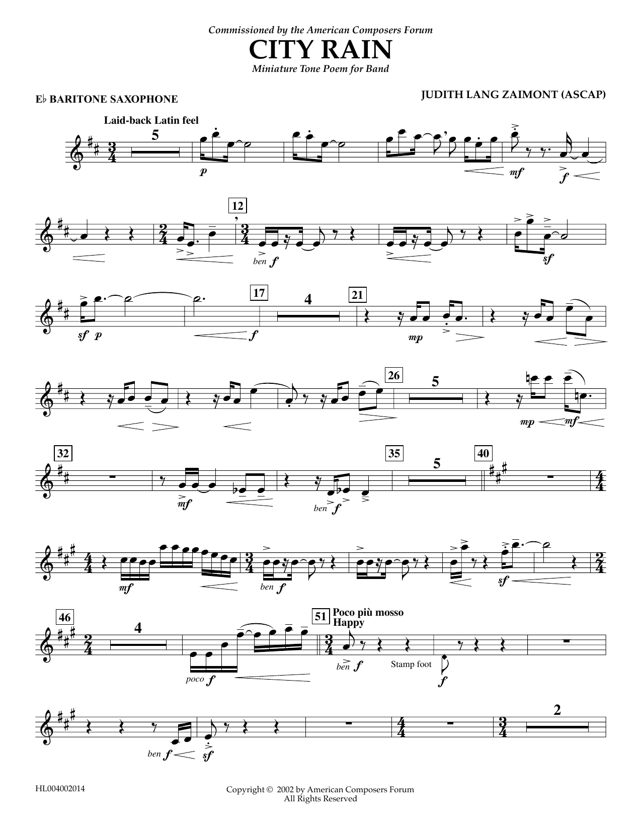 Judith Zaimont City Rain - Eb Baritone Saxophone Sheet Music Notes & Chords for Concert Band - Download or Print PDF