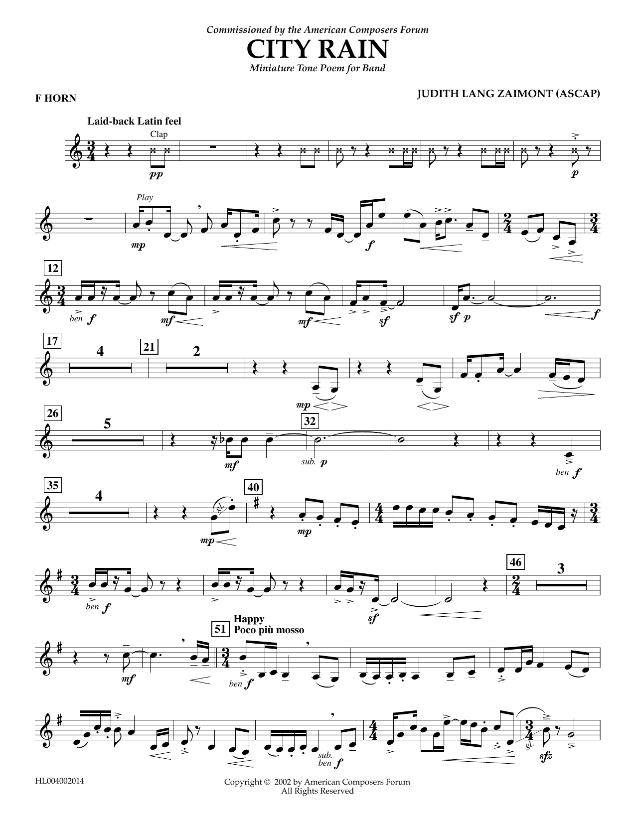 Judith Zaimont City Rain - F Horn Sheet Music Notes & Chords for Concert Band - Download or Print PDF