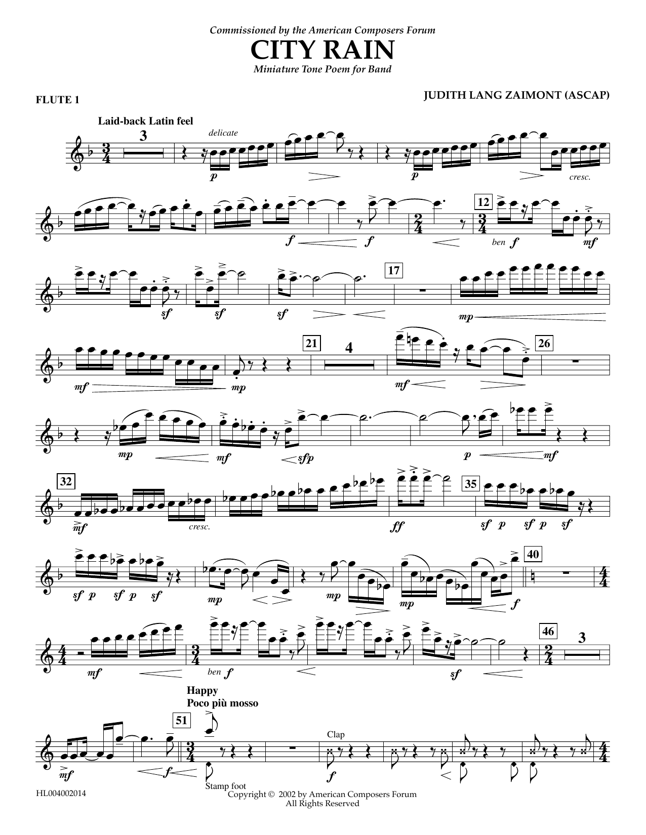 Judith Zaimont City Rain - Flute 1 Sheet Music Notes & Chords for Concert Band - Download or Print PDF