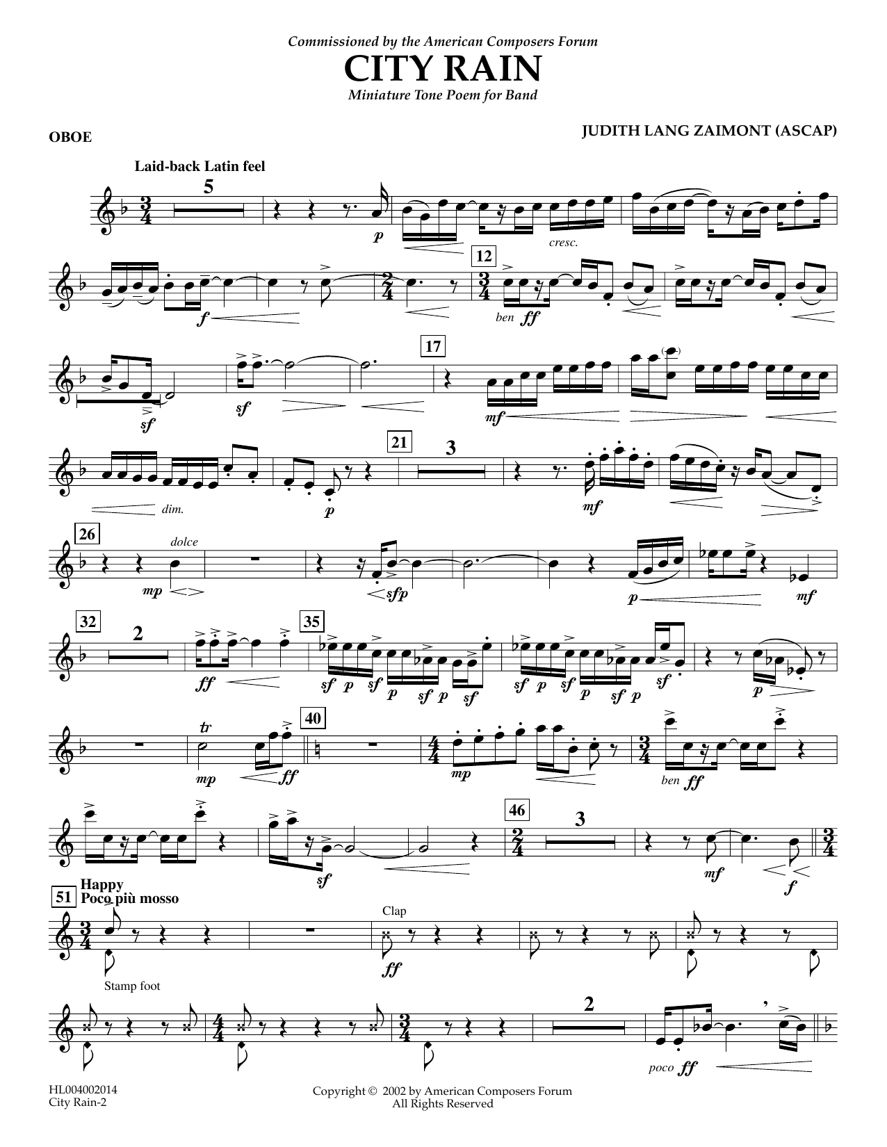Judith Zaimont City Rain - Oboe Sheet Music Notes & Chords for Concert Band - Download or Print PDF