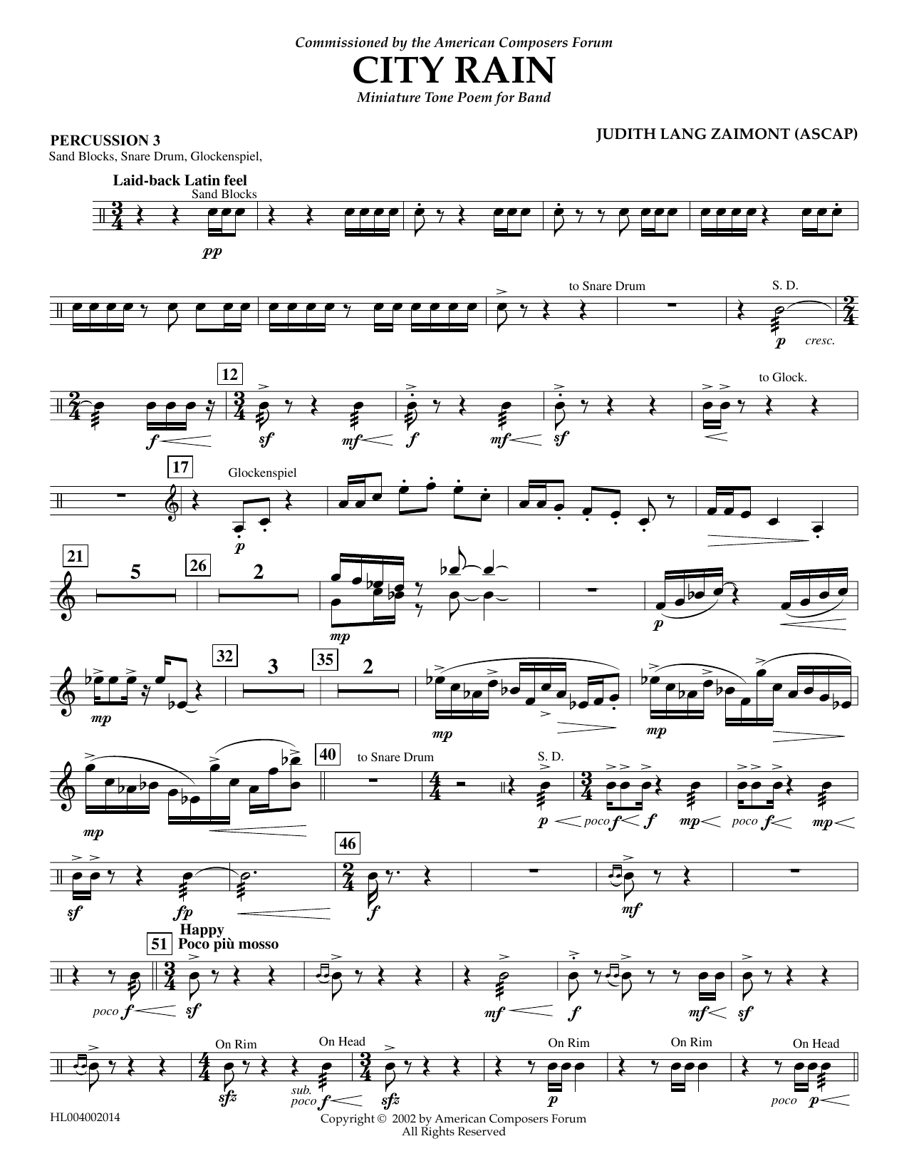 Judith Zaimont City Rain - Percussion 3 Sheet Music Notes & Chords for Concert Band - Download or Print PDF