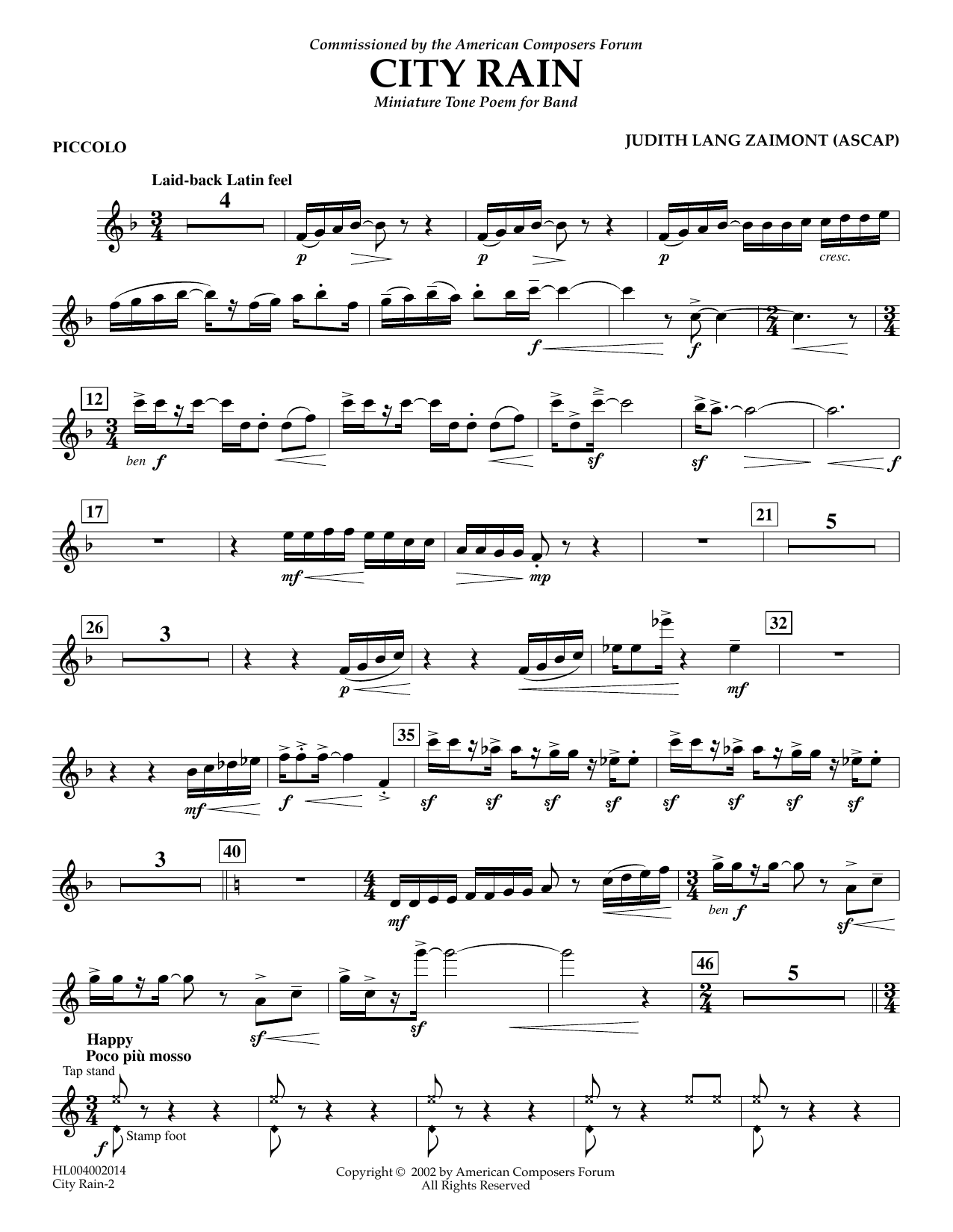 Judith Zaimont City Rain - Piccolo Sheet Music Notes & Chords for Concert Band - Download or Print PDF