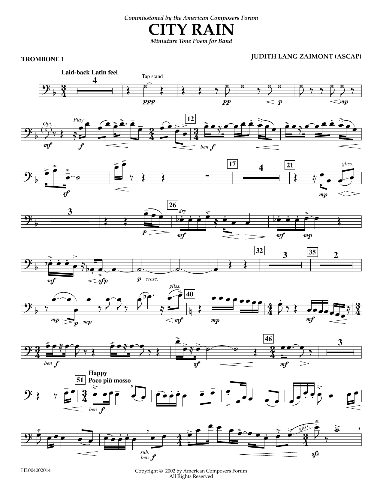 Judith Zaimont City Rain - Trombone 1 Sheet Music Notes & Chords for Concert Band - Download or Print PDF