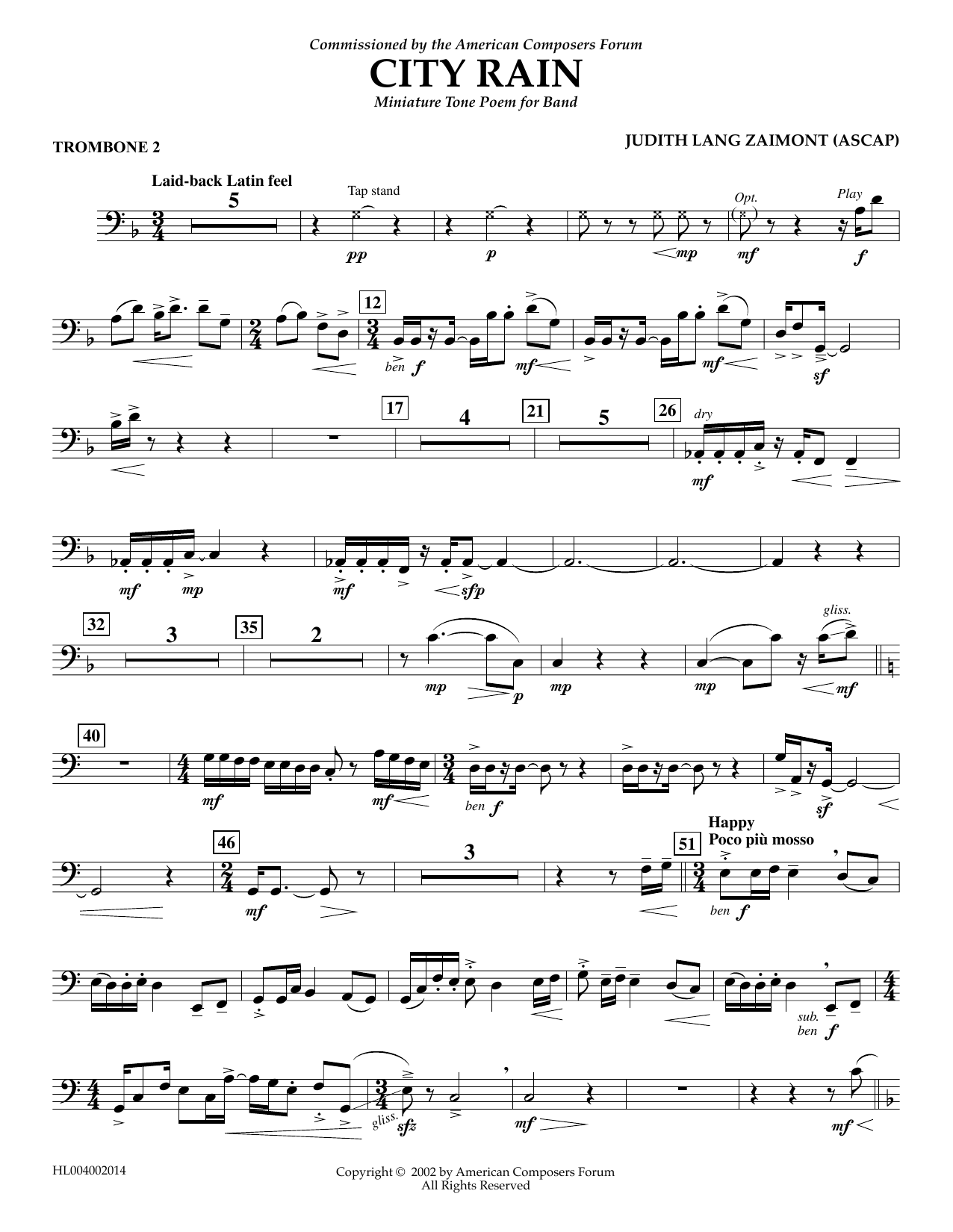 Judith Zaimont City Rain - Trombone 2 Sheet Music Notes & Chords for Concert Band - Download or Print PDF
