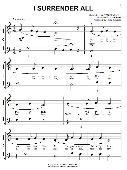 Judson W. Van De Venter I Surrender All Sheet Music Notes & Chords for Piano - Download or Print PDF