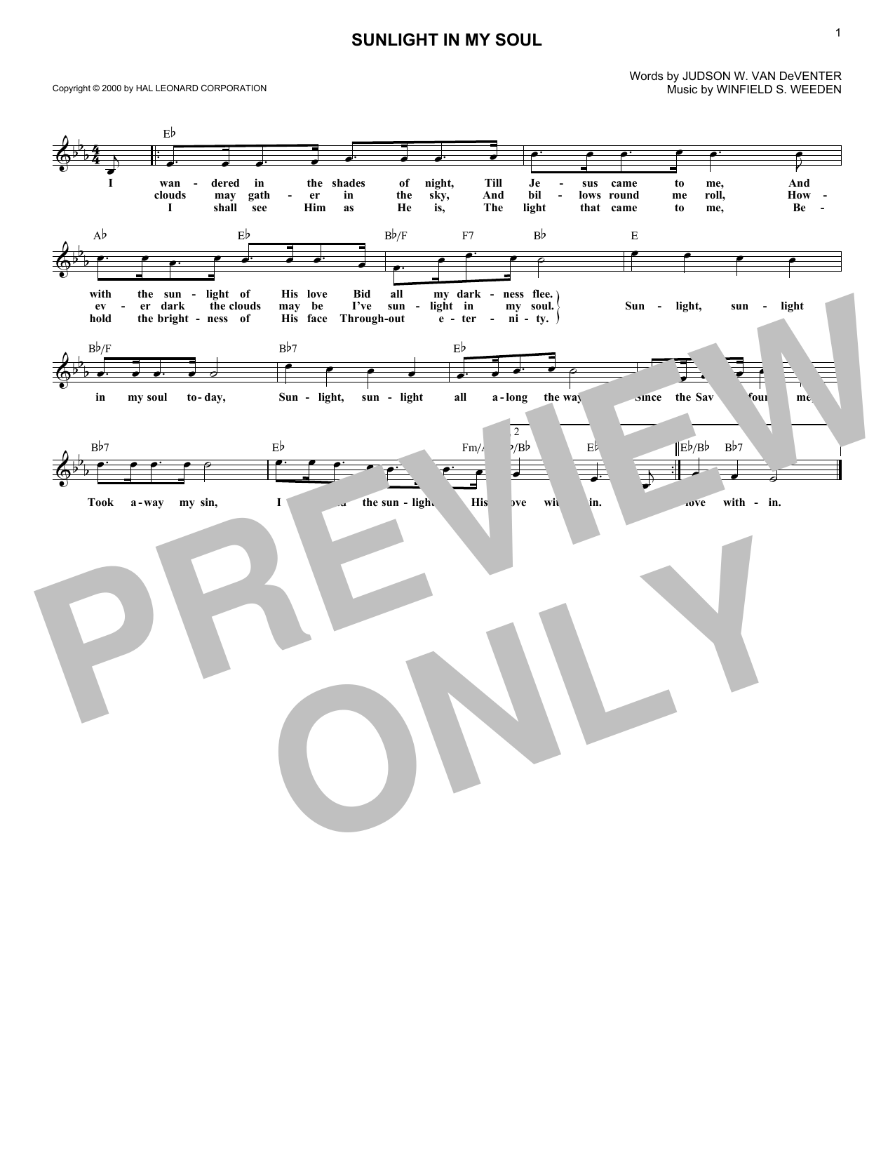 Judson W. Van DeVenter Sunlight In My Soul Sheet Music Notes & Chords for Melody Line, Lyrics & Chords - Download or Print PDF