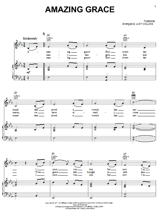 Judy Collins Amazing Grace Sheet Music Notes & Chords for Piano, Vocal & Guitar (Right-Hand Melody) - Download or Print PDF
