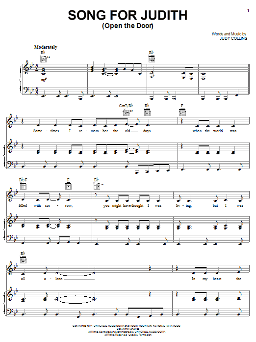Judy Collins Song For Judith (Open The Door) Sheet Music Notes & Chords for Piano, Vocal & Guitar (Right-Hand Melody) - Download or Print PDF
