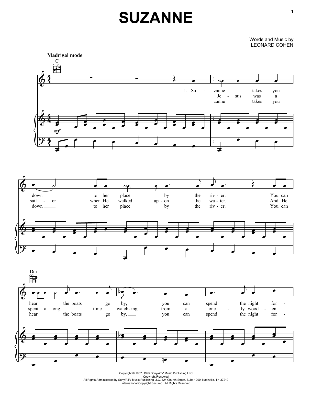 Judy Collins Suzanne Sheet Music Notes & Chords for Piano, Vocal & Guitar (Right-Hand Melody) - Download or Print PDF