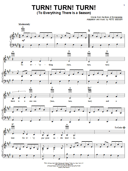 Judy Collins Turn! Turn! Turn! (To Everything There Is A Season) Sheet Music Notes & Chords for Piano, Vocal & Guitar (Right-Hand Melody) - Download or Print PDF