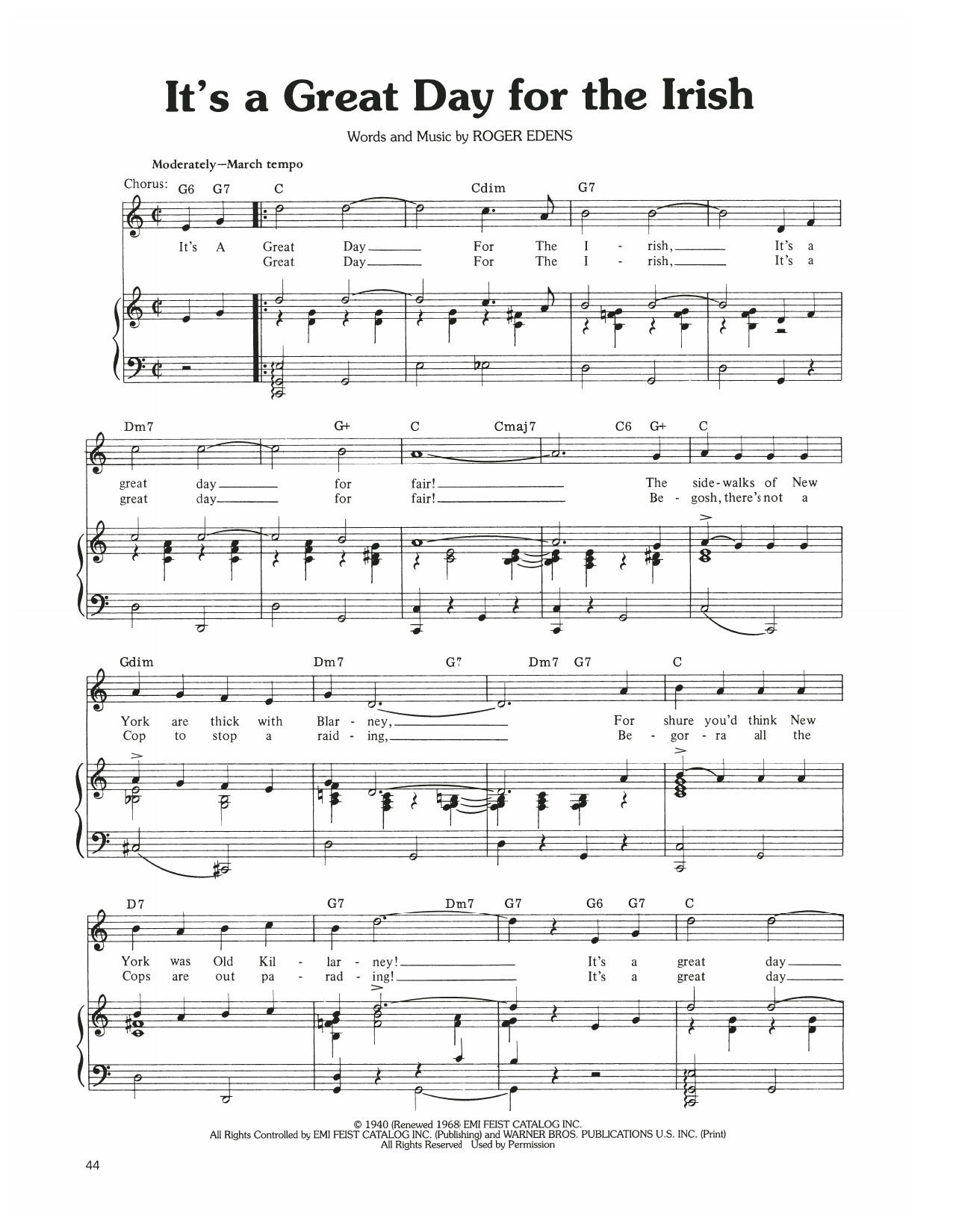 Judy Garland It's A Great Day For The Irish Sheet Music Notes & Chords for Piano, Vocal & Guitar Chords (Right-Hand Melody) - Download or Print PDF