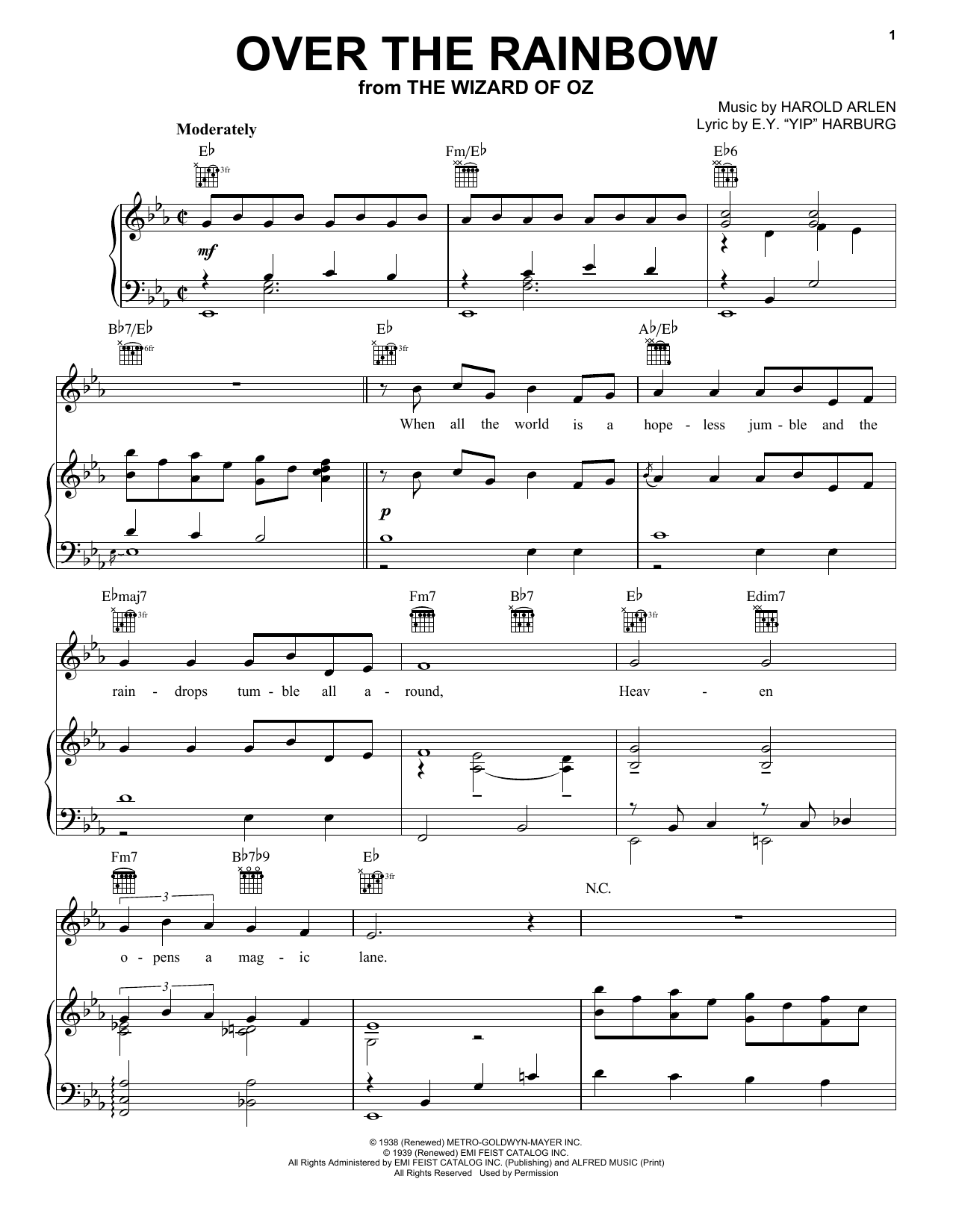 Judy Garland Over The Rainbow Sheet Music Notes & Chords for Piano, Vocal & Guitar (Right-Hand Melody) - Download or Print PDF