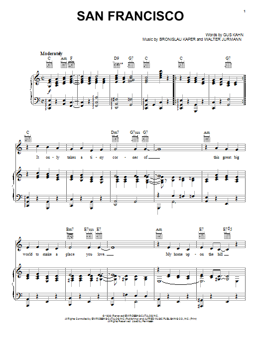 Judy Garland San Francisco Sheet Music Notes & Chords for Piano, Vocal & Guitar (Right-Hand Melody) - Download or Print PDF