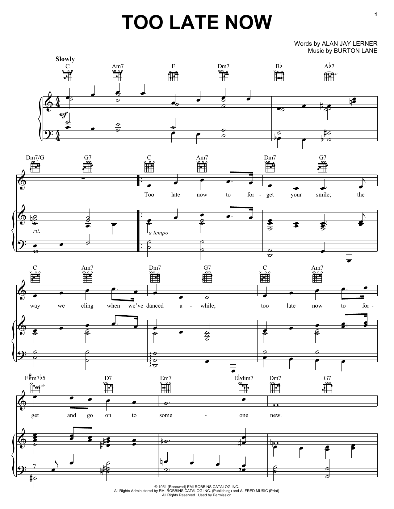 Judy Garland Too Late Now Sheet Music Notes & Chords for Piano, Vocal & Guitar (Right-Hand Melody) - Download or Print PDF