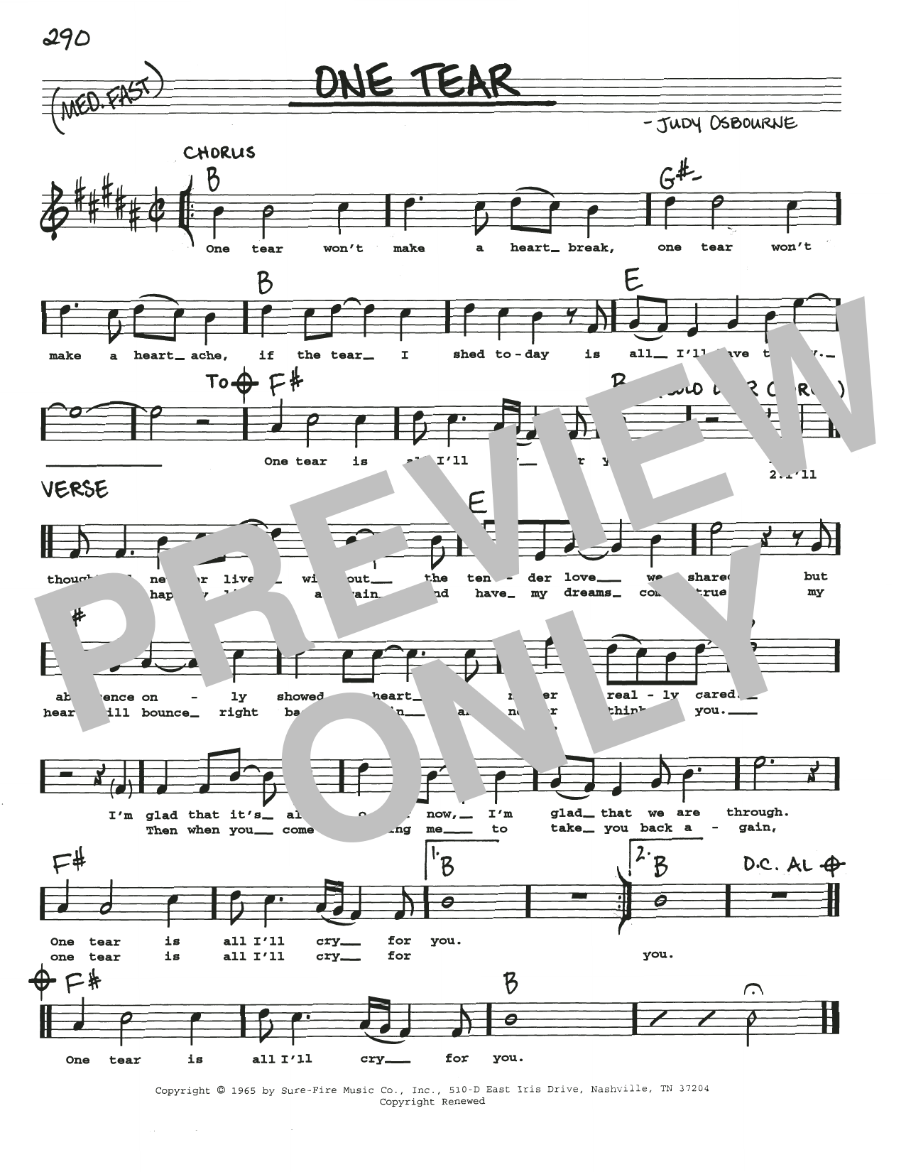 Judy Osborne One Tear Sheet Music Notes & Chords for Real Book – Melody, Lyrics & Chords - Download or Print PDF