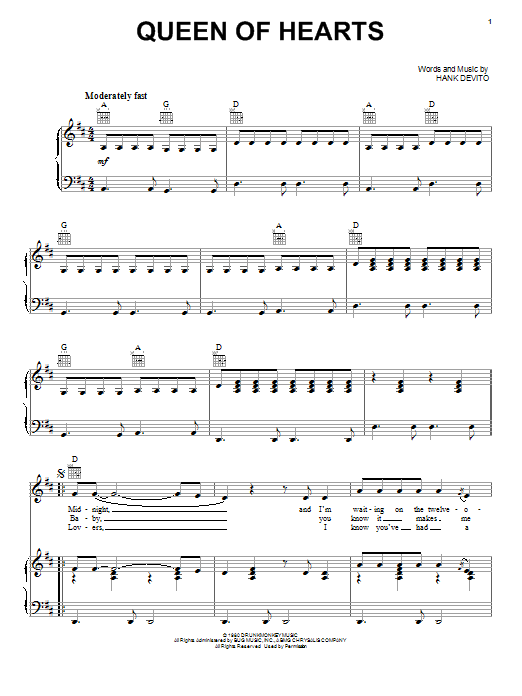 Juice Newton Queen Of Hearts Sheet Music Notes & Chords for Piano, Vocal & Guitar (Right-Hand Melody) - Download or Print PDF