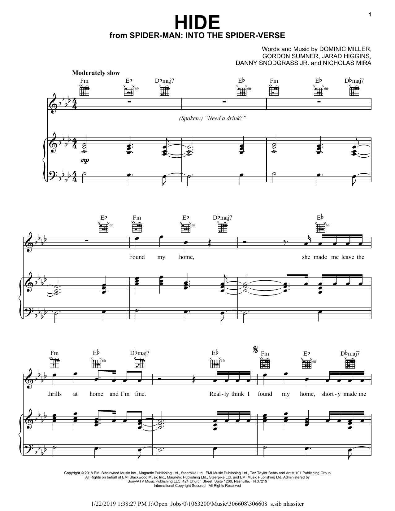 Juice Wrld Hide (feat. Seezyn) (from Spider-Man: Into the Spider-Verse) Sheet Music Notes & Chords for Piano, Vocal & Guitar (Right-Hand Melody) - Download or Print PDF