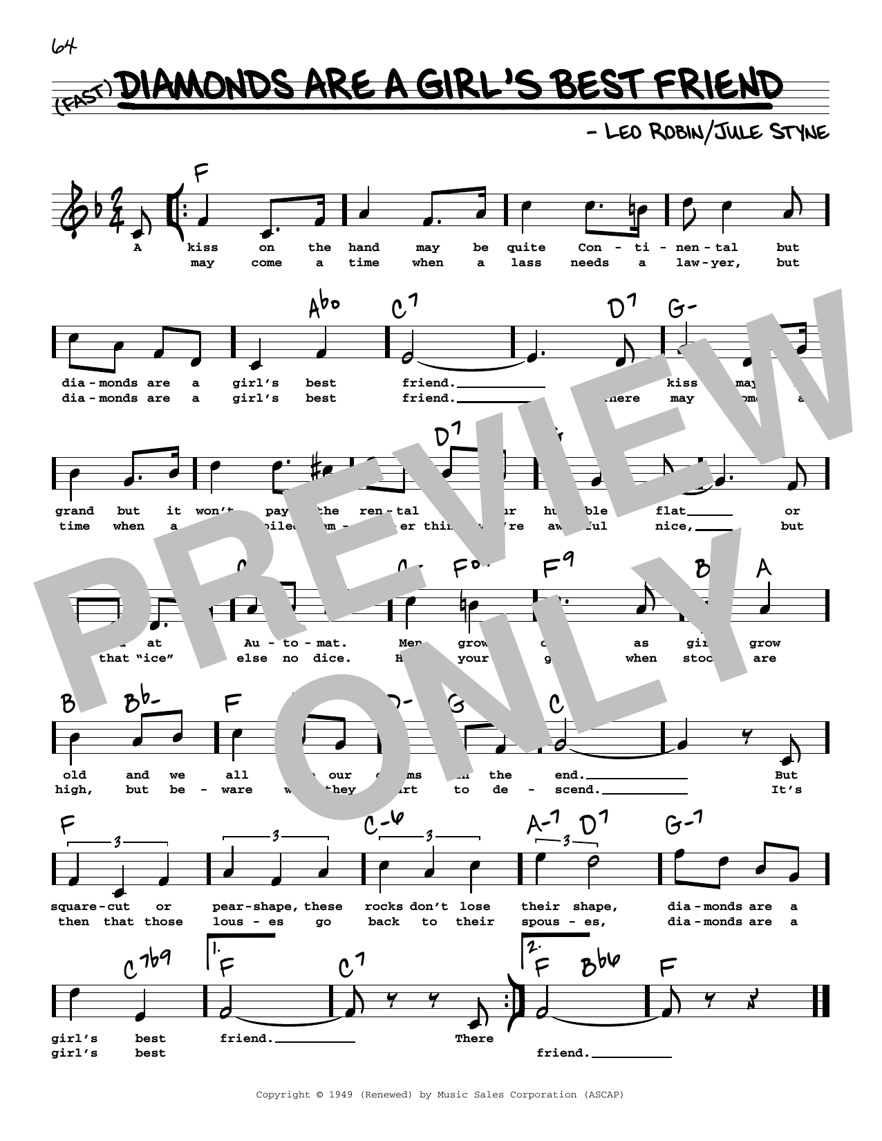 Jule Styne and Leo Robin Diamonds Are A Girl's Best Friend (High Voice) (from Gentlemen Prefer Blondes) Sheet Music Notes & Chords for Real Book – Melody, Lyrics & Chords - Download or Print PDF
