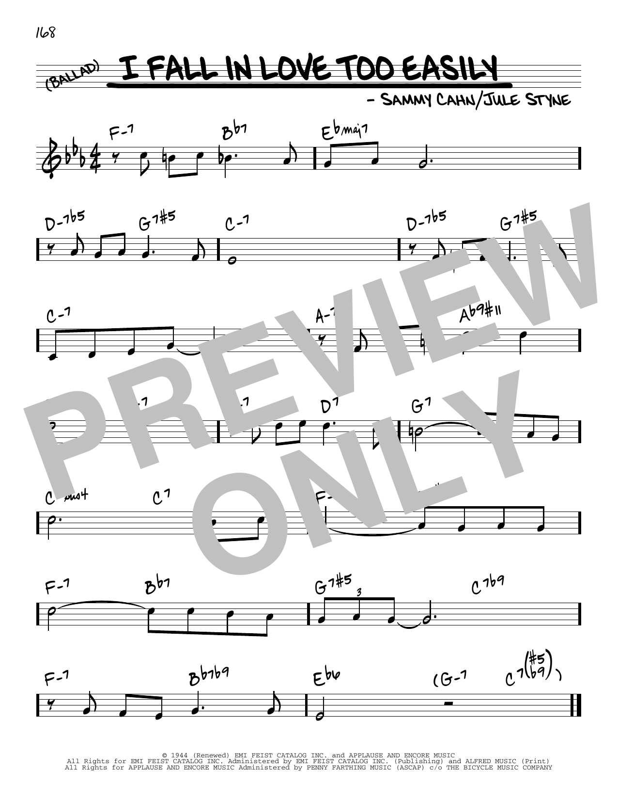 Jule Styne and Sammy Cahn I Fall In Love Too Easily Sheet Music Notes & Chords for Real Book – Melody & Chords - Download or Print PDF