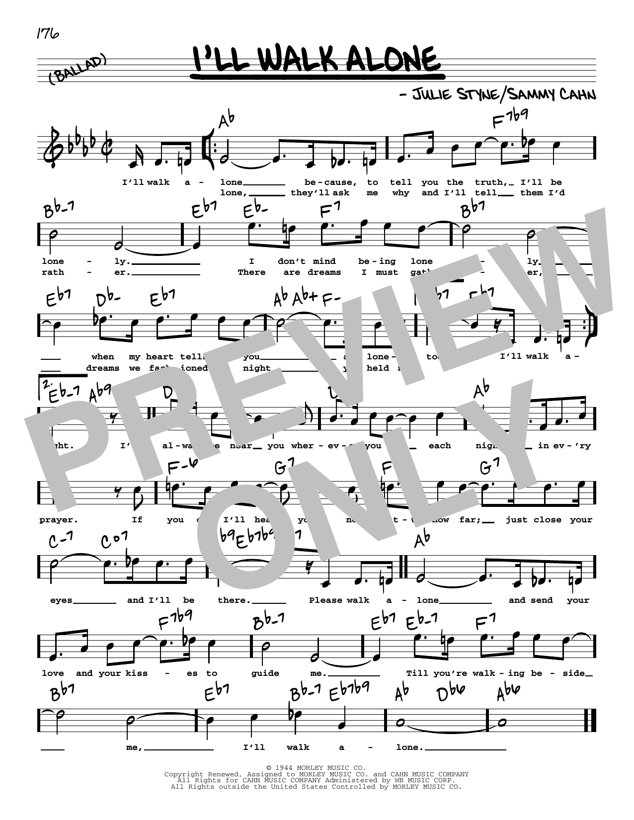 Jule Styne and Sammy Cahn I'll Walk Alone (High Voice) Sheet Music Notes & Chords for Real Book – Melody, Lyrics & Chords - Download or Print PDF