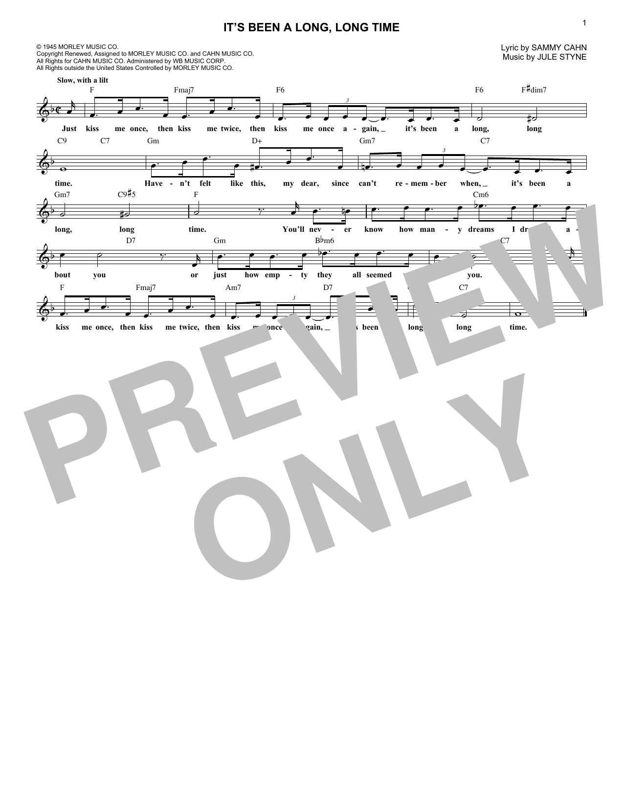 Jule Styne and Sammy Cahn It's Been A Long, Long Time Sheet Music Notes & Chords for Lead Sheet / Fake Book - Download or Print PDF