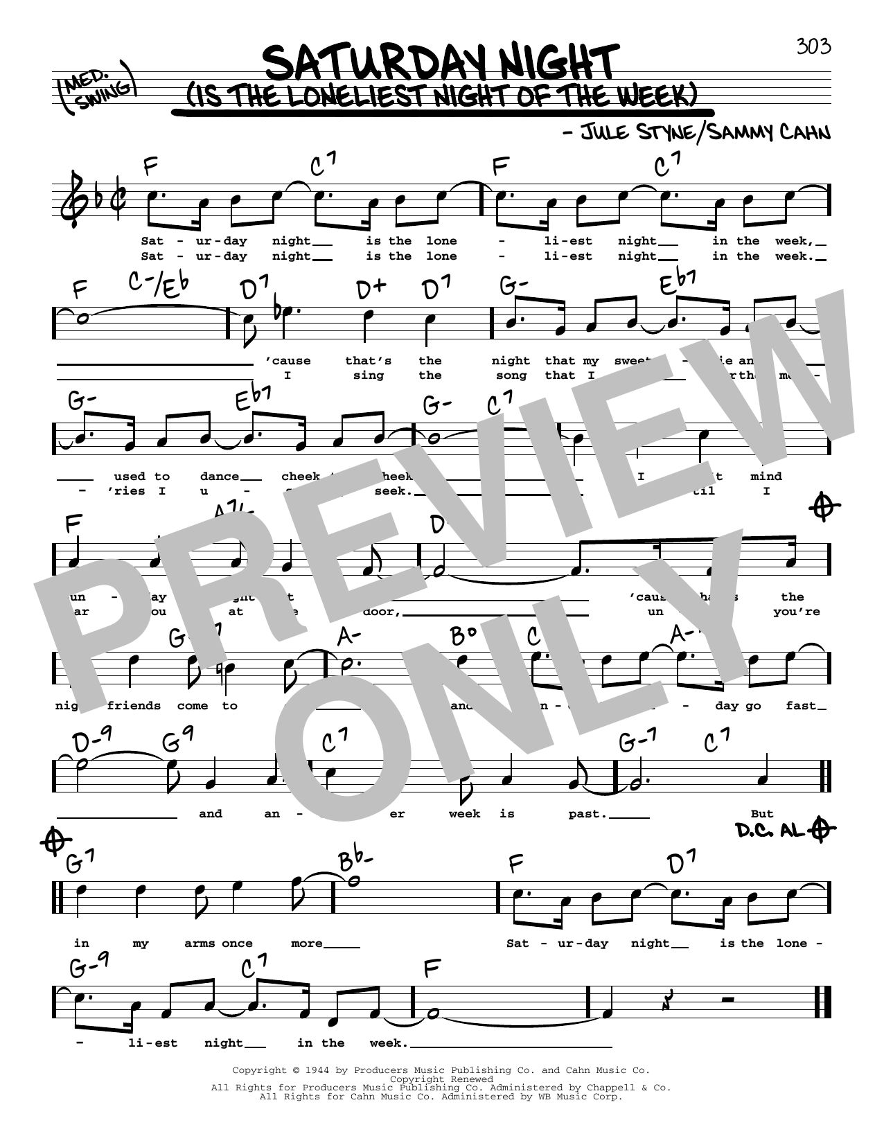 Jule Styne and Sammy Cahn Saturday Night (Is The Loneliest Night Of The Week) (High Voice) Sheet Music Notes & Chords for Real Book – Melody, Lyrics & Chords - Download or Print PDF