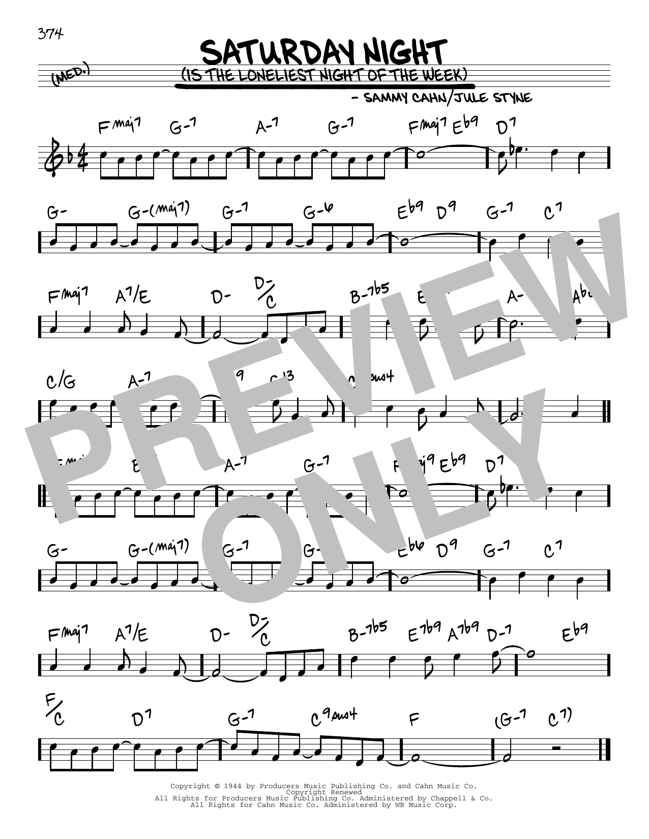 Jule Styne and Sammy Cahn Saturday Night (Is The Loneliest Night Of The Week) Sheet Music Notes & Chords for Real Book – Melody & Chords - Download or Print PDF