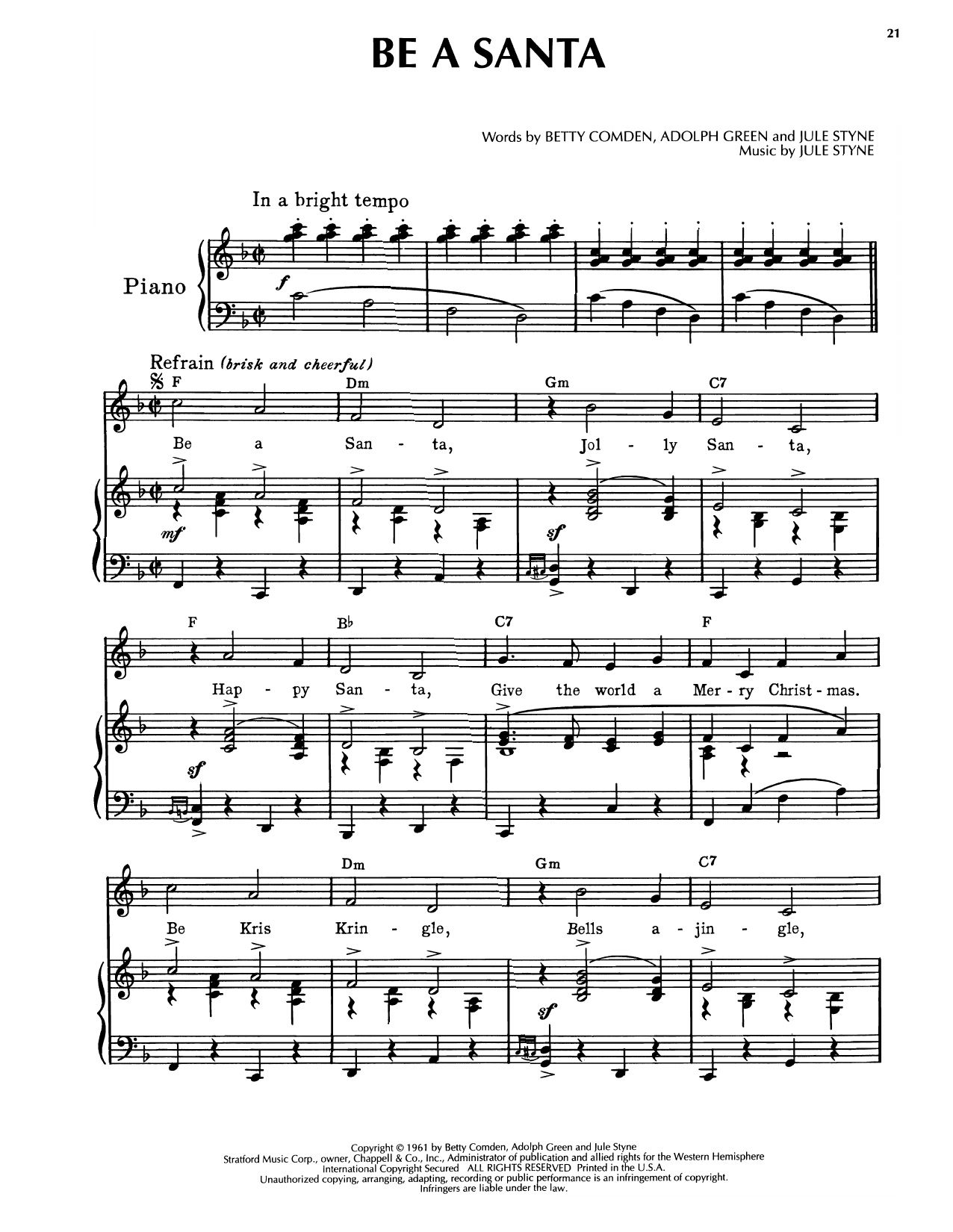 Jule Styne Be A Santa (from Subways Are For Sleeping) Sheet Music Notes & Chords for Piano & Vocal - Download or Print PDF
