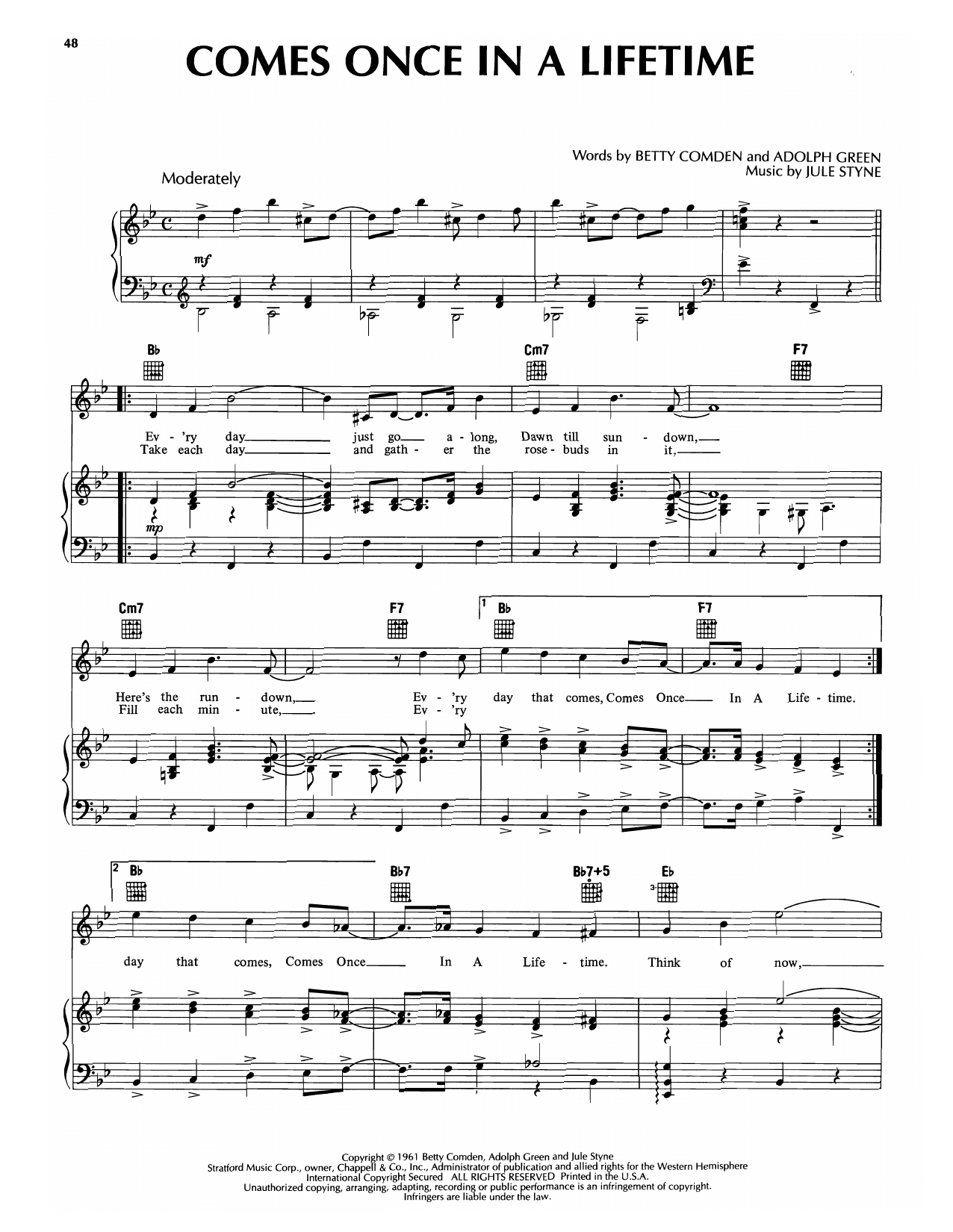 Jule Styne Comes Once In A Lifetime (from Subways Are For Sleeping) Sheet Music Notes & Chords for Piano & Vocal - Download or Print PDF