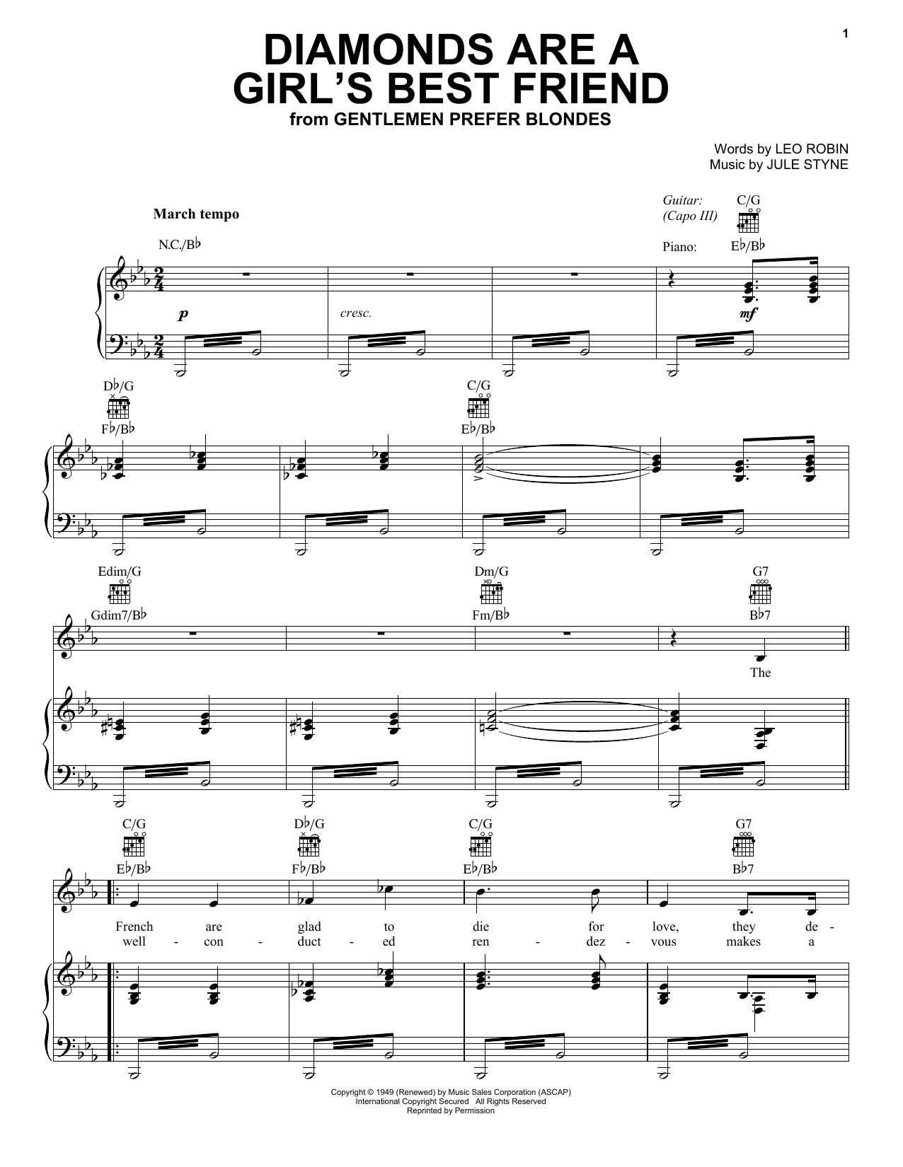 Jule Styne Diamonds Are A Girl's Best Friend (from Gentlemen Prefer Blondes Musical) Sheet Music Notes & Chords for Vocal Pro + Piano/Guitar - Download or Print PDF