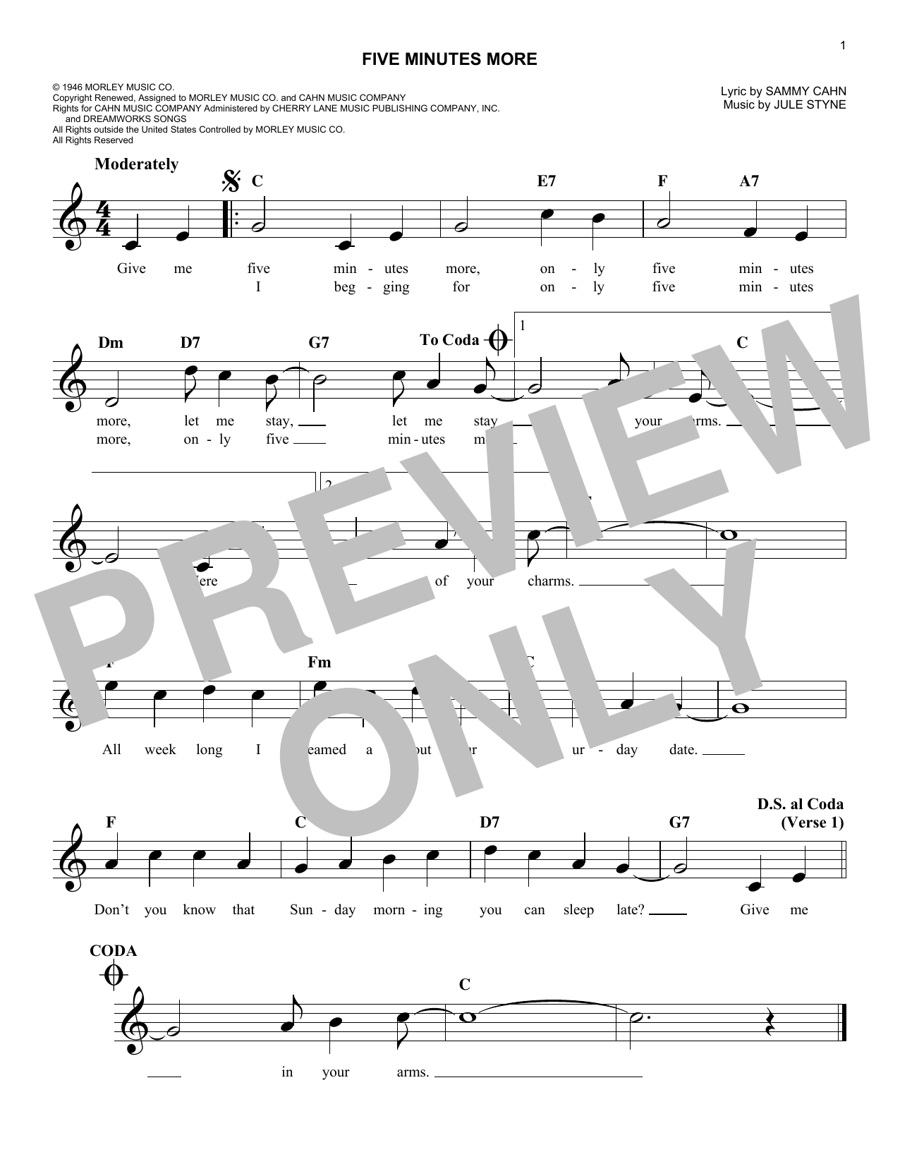 Jule Styne Five Minutes More Sheet Music Notes & Chords for Melody Line, Lyrics & Chords - Download or Print PDF