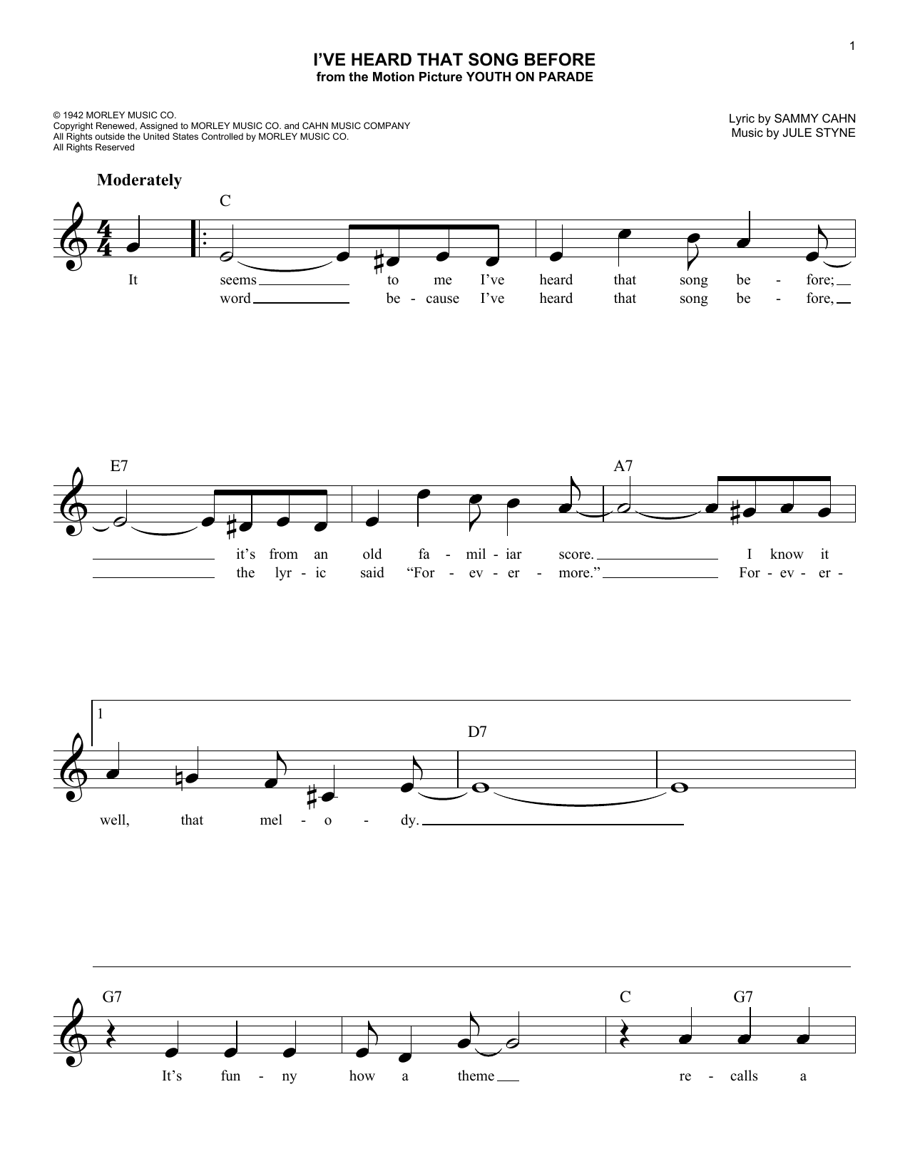 Jule Styne I've Heard That Song Before Sheet Music Notes & Chords for Melody Line, Lyrics & Chords - Download or Print PDF