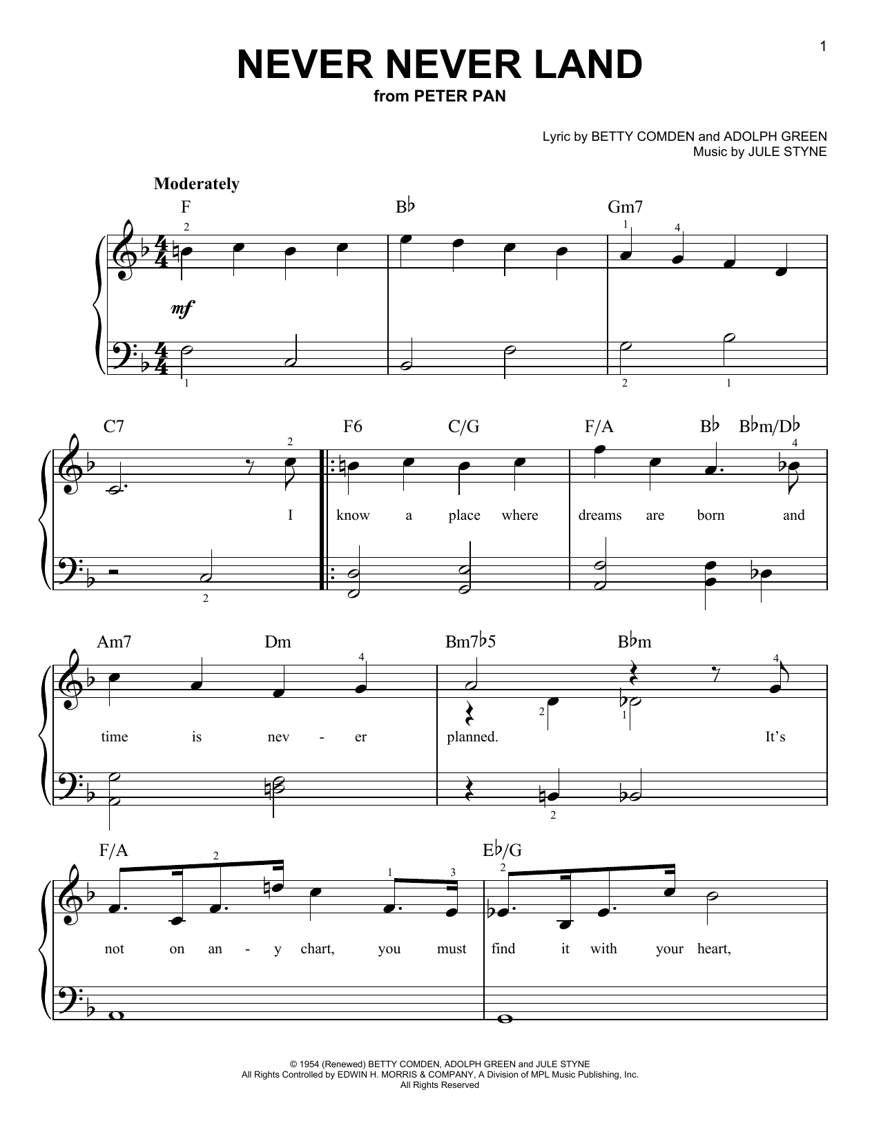 Jule Styne Never Never Land Sheet Music Notes & Chords for Easy Piano - Download or Print PDF