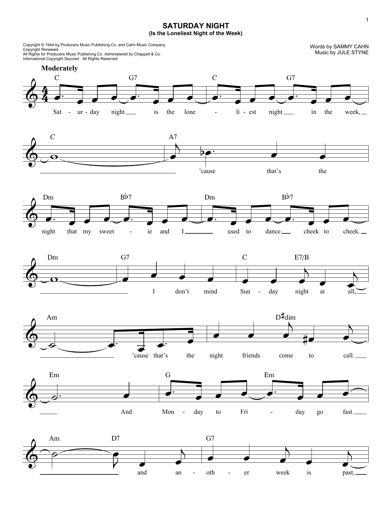 Jule Styne Saturday Night (Is The Loneliest Night Of The Week) Sheet Music Notes & Chords for Melody Line, Lyrics & Chords - Download or Print PDF