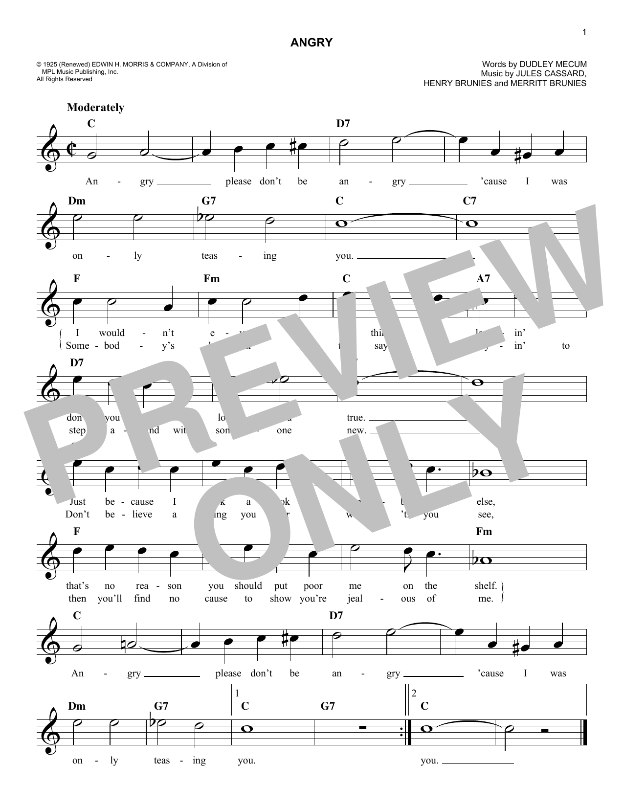 Jules Cassard Angry Sheet Music Notes & Chords for Melody Line, Lyrics & Chords - Download or Print PDF