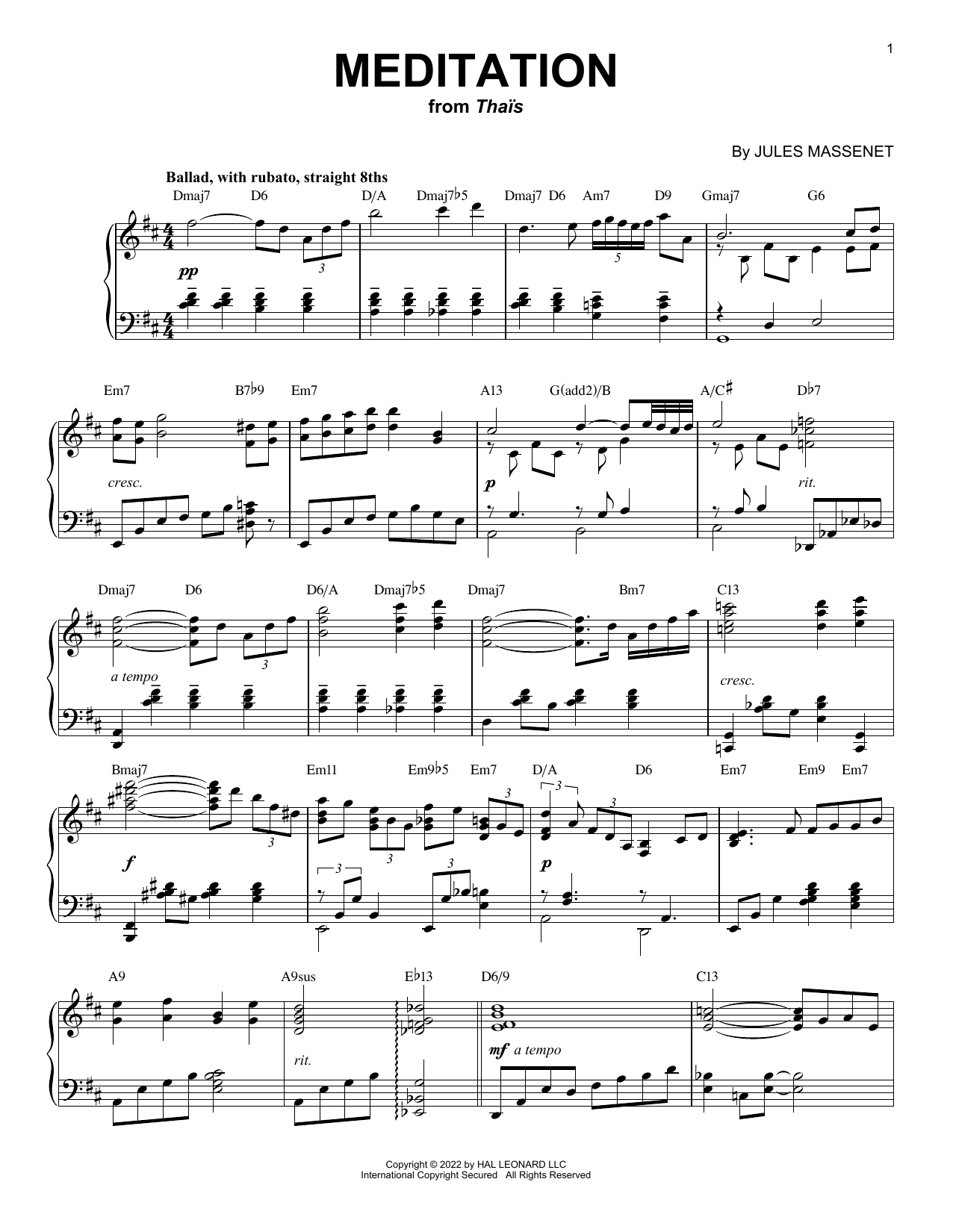 Jules Massenet Meditation [Jazz version] (arr. Brent Edstrom) Sheet Music Notes & Chords for Piano Solo - Download or Print PDF